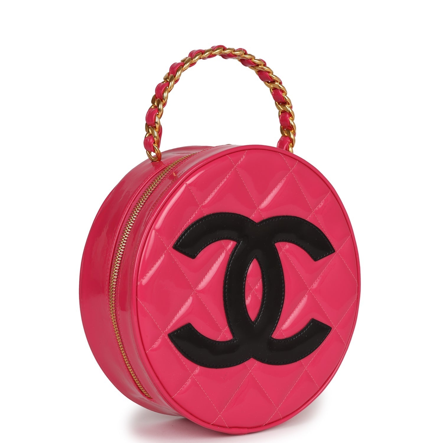 Chanel Vintage Round Vanity Bag Pink and Black Patent Leather Antique Gold Hardware