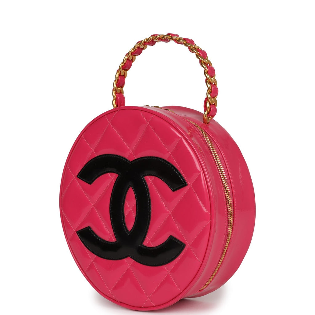 Chanel Vintage Round Vanity Bag Pink and Black Patent Leather Antique Gold Hardware