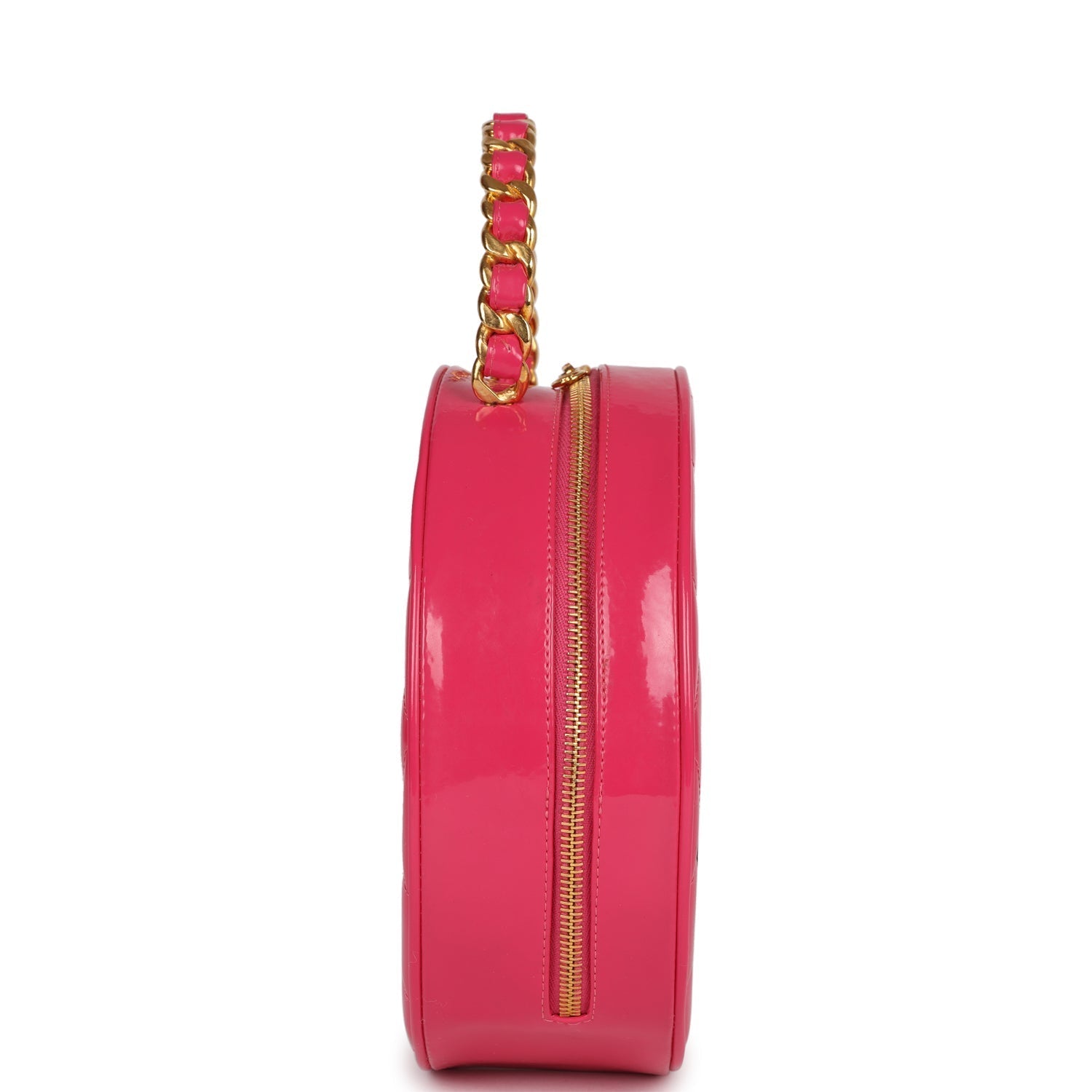 Chanel Vintage Round Vanity Bag Pink and Black Patent Leather Antique Gold Hardware