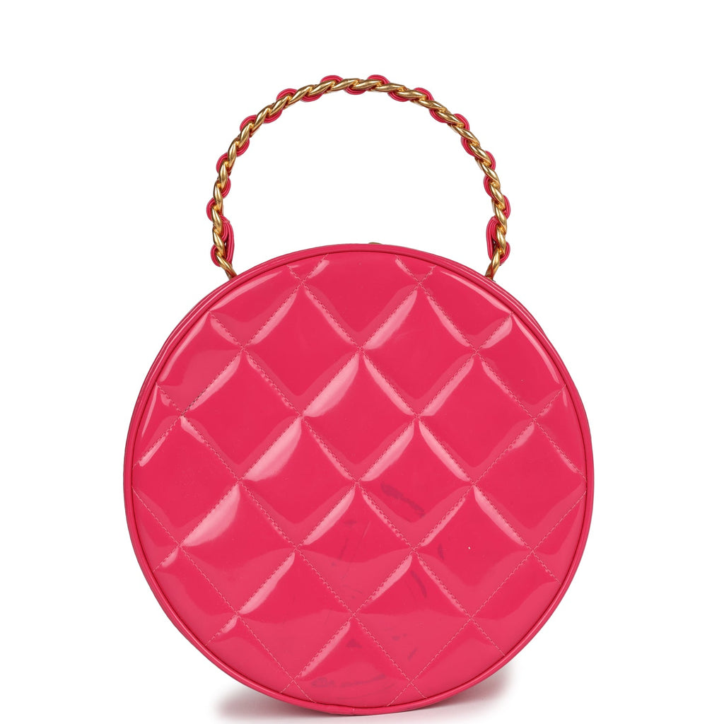 Chanel Vintage Round Vanity Bag Pink and Black Patent Leather Antique Gold Hardware