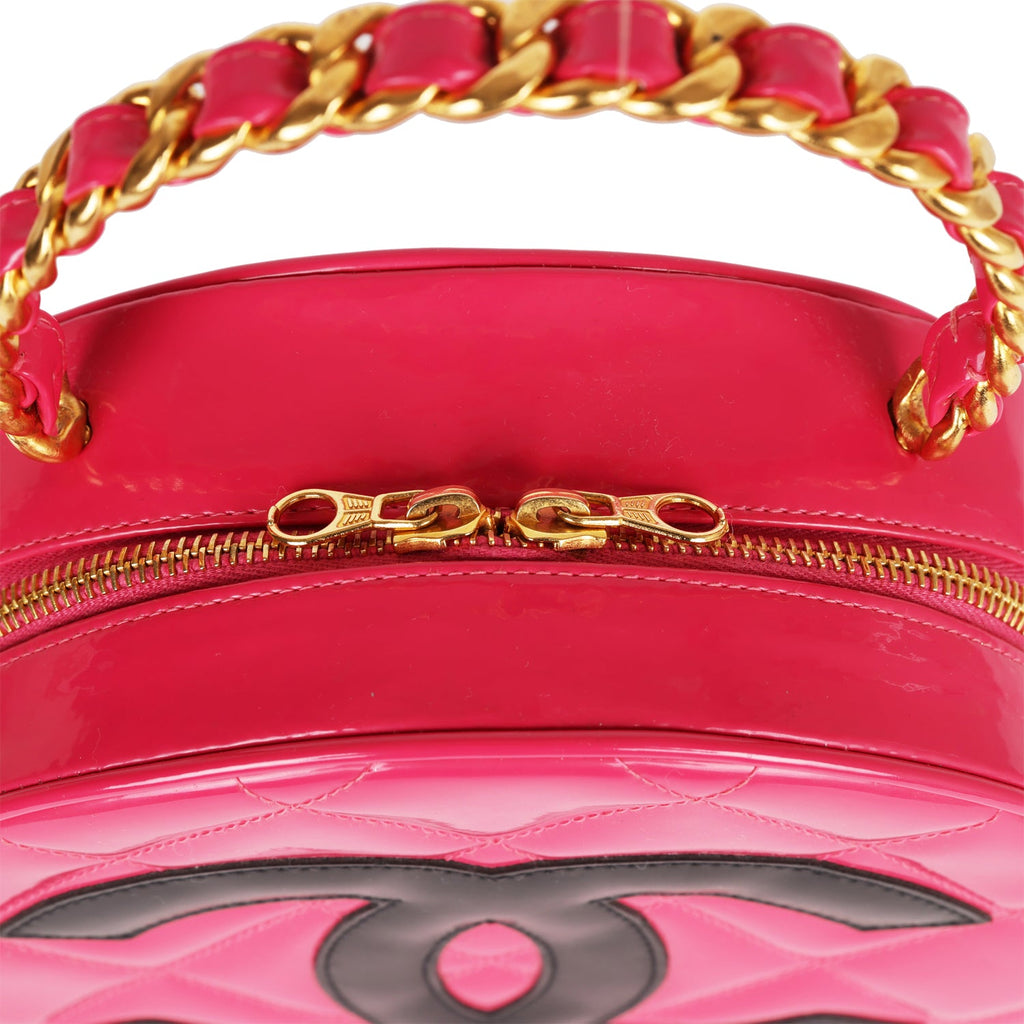 Chanel Vintage Round Vanity Bag Pink and Black Patent Leather Antique Gold Hardware