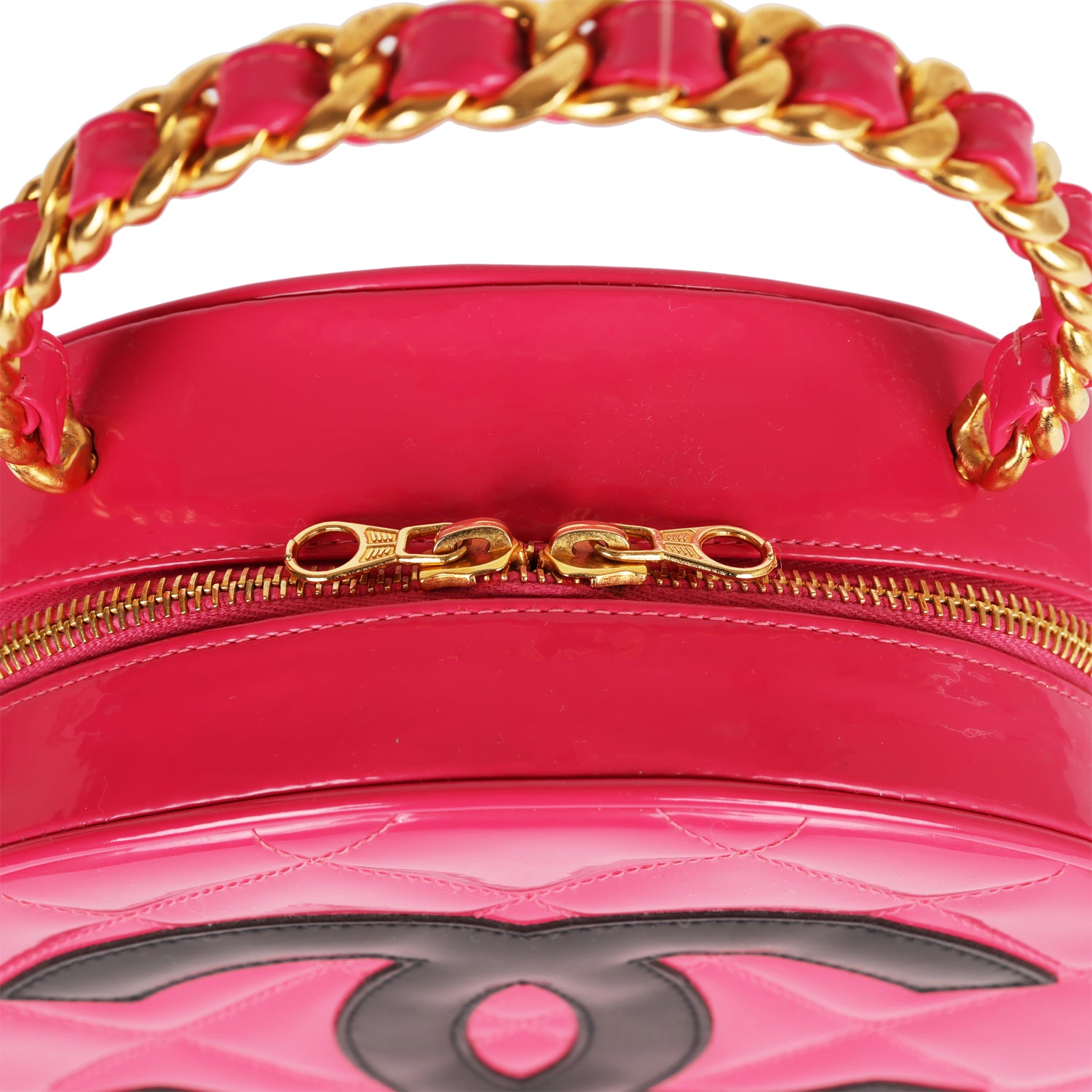Chanel Vintage Round Vanity Bag Pink and Black Patent Leather Antique Gold Hardware