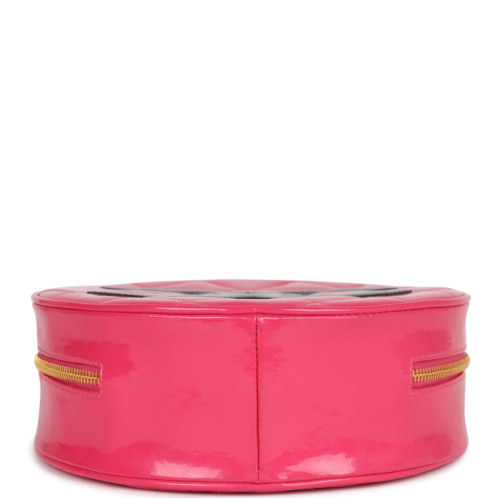 Chanel Vintage Round Vanity Bag Pink and Black Patent Leather Antique Gold Hardware