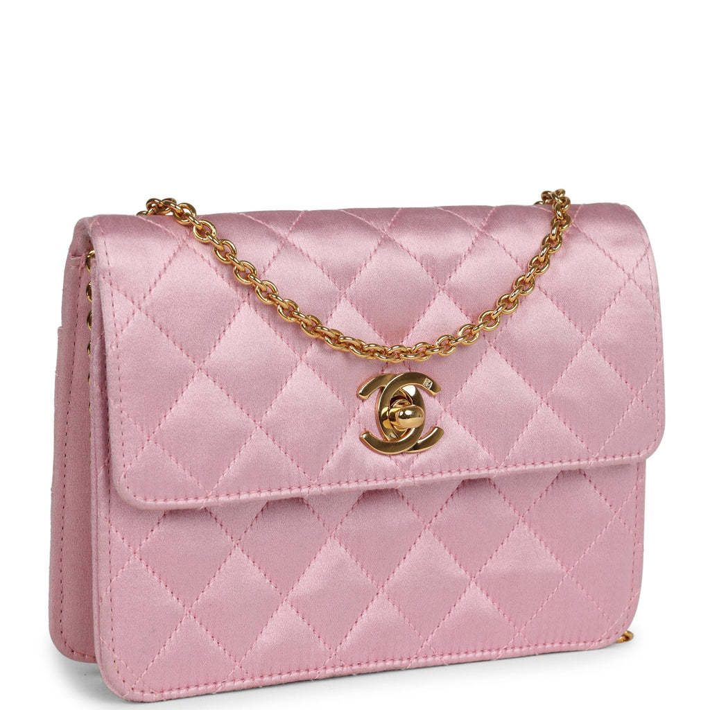 Chanel Vintage Mini Straight Flap Bag Pink Satin Gold Hardware