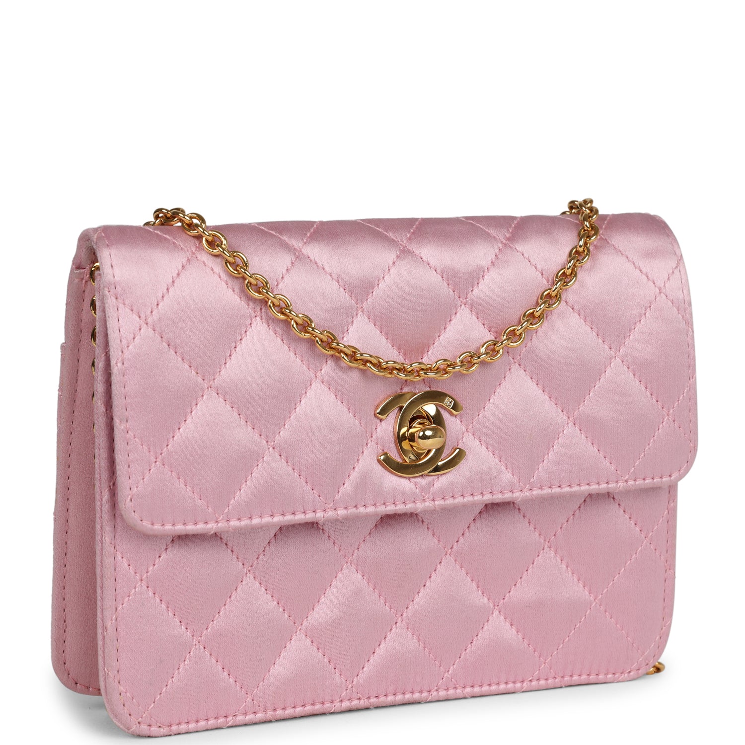 Chanel Vintage Mini Straight Flap Bag Pink Satin Gold Hardware