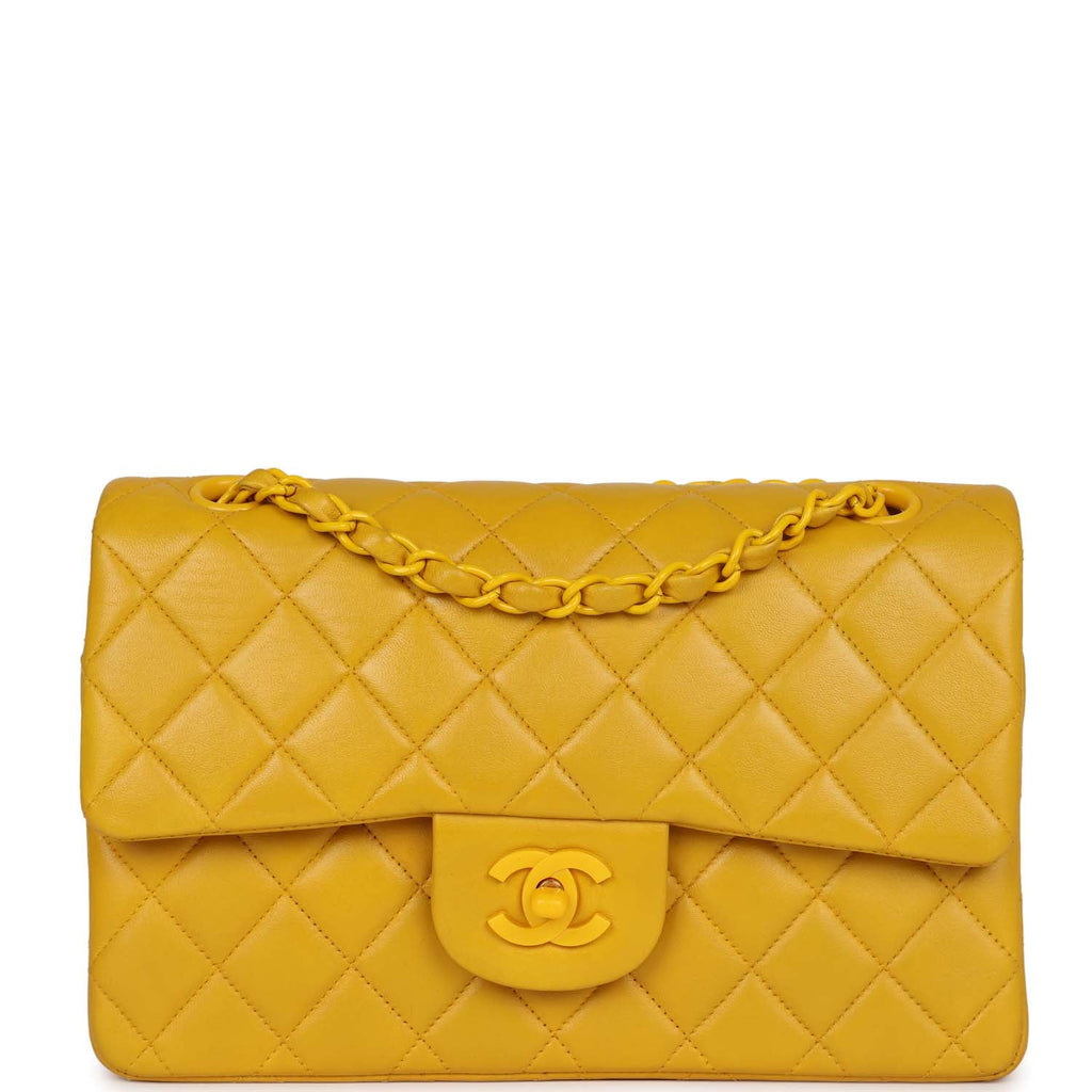 Chanel Vintage Small Classic Double Flap Bag Yellow Lambskin Yellow Hardware