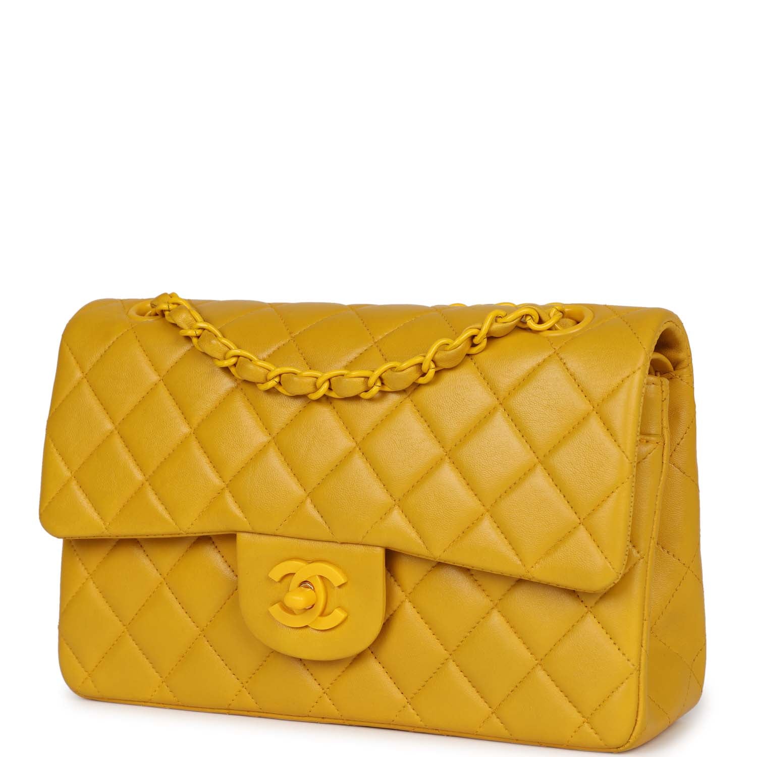 Chanel Vintage Small Classic Double Flap Bag Yellow Lambskin Yellow Hardware