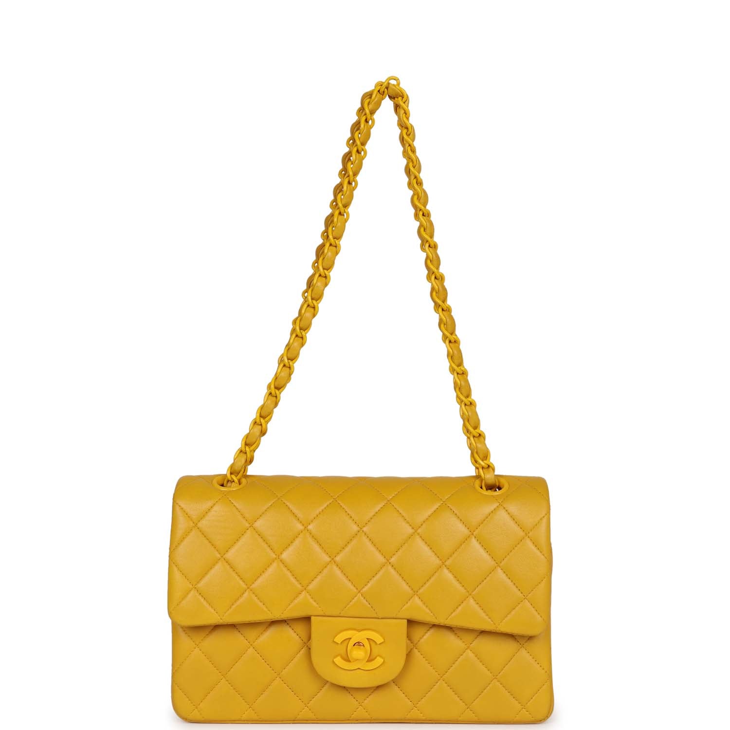 Chanel Vintage Small Classic Double Flap Bag Yellow Lambskin Yellow Hardware