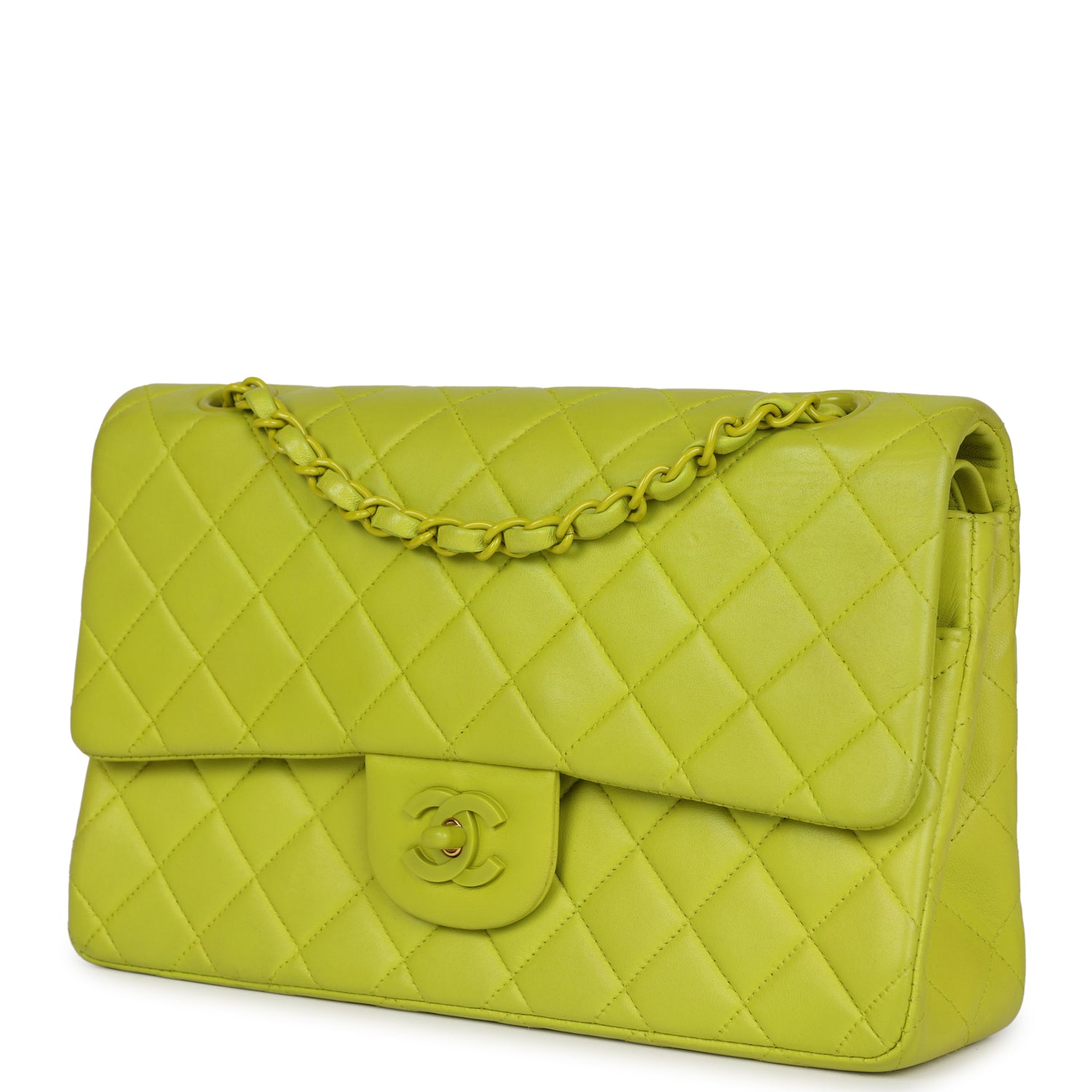 Chanel Vintage Medium Classic Double Flap Lime Green Lambskin Green Hardware