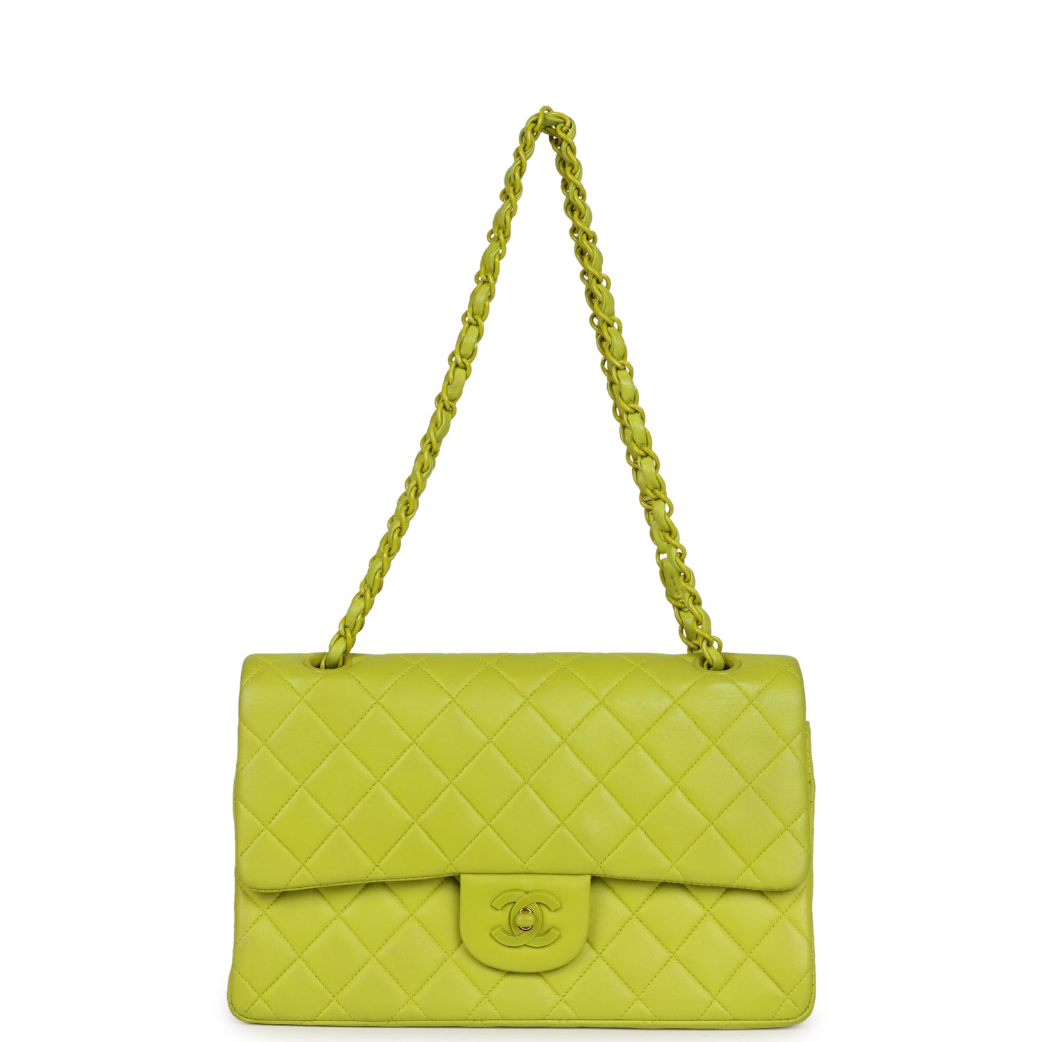 Chanel Vintage Medium Classic Double Flap Lime Green Lambskin Green Hardware