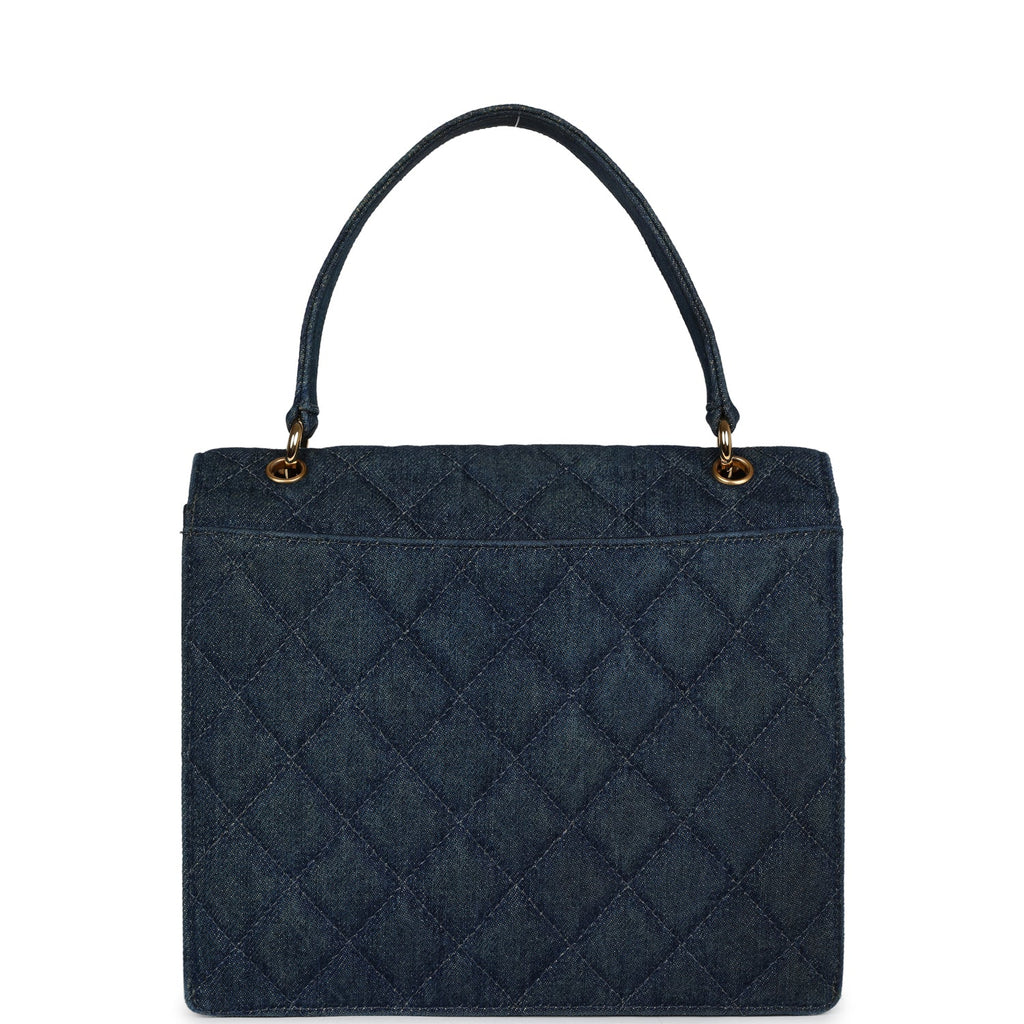 Chanel Vintage Envelope Flap Top Handle Handbag Dark Blue Denim Gold Hardware