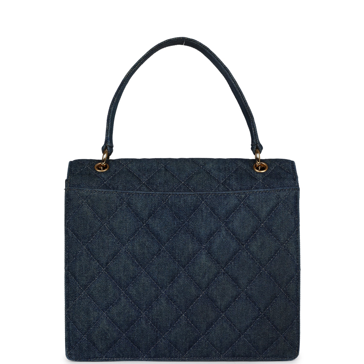 Chanel Vintage Envelope Flap Top Handle Handbag Dark Blue Denim Gold Hardware