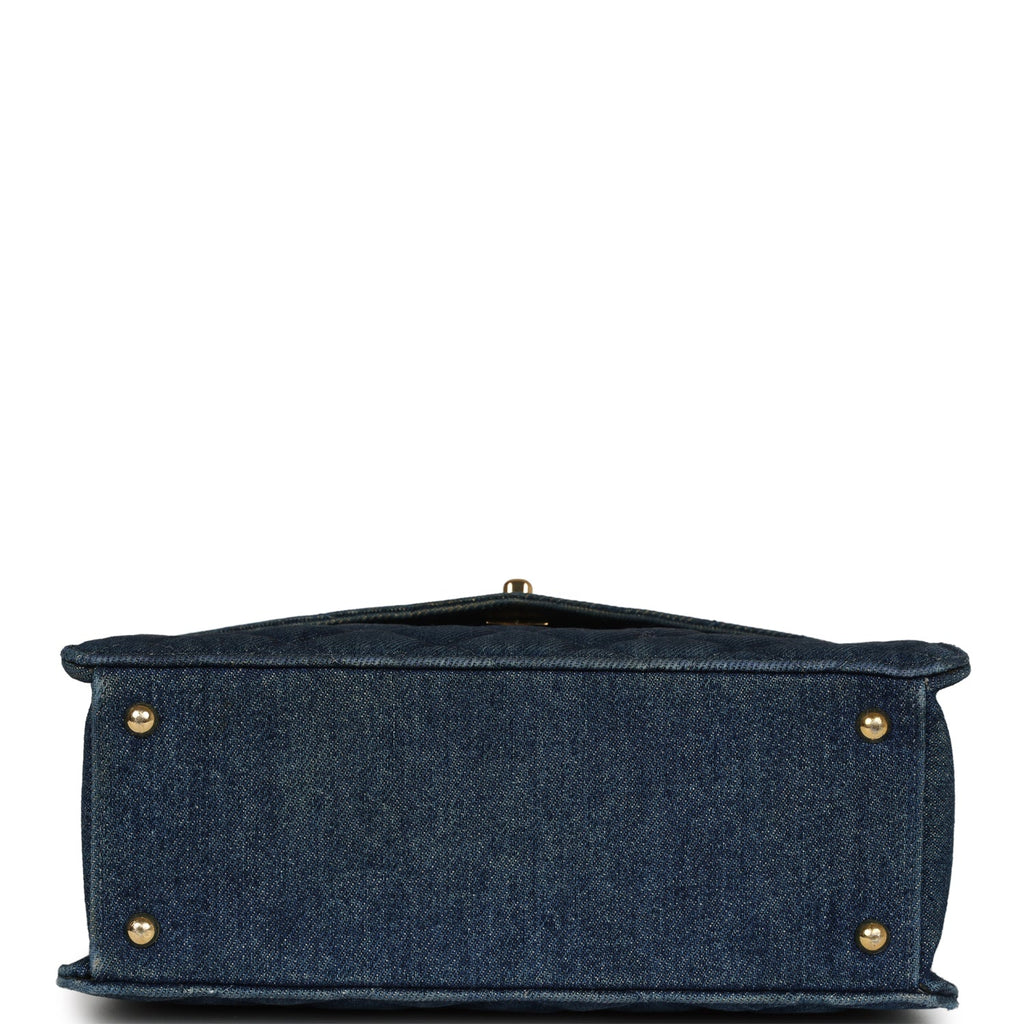 Chanel Vintage Envelope Flap Top Handle Handbag Dark Blue Denim Gold Hardware