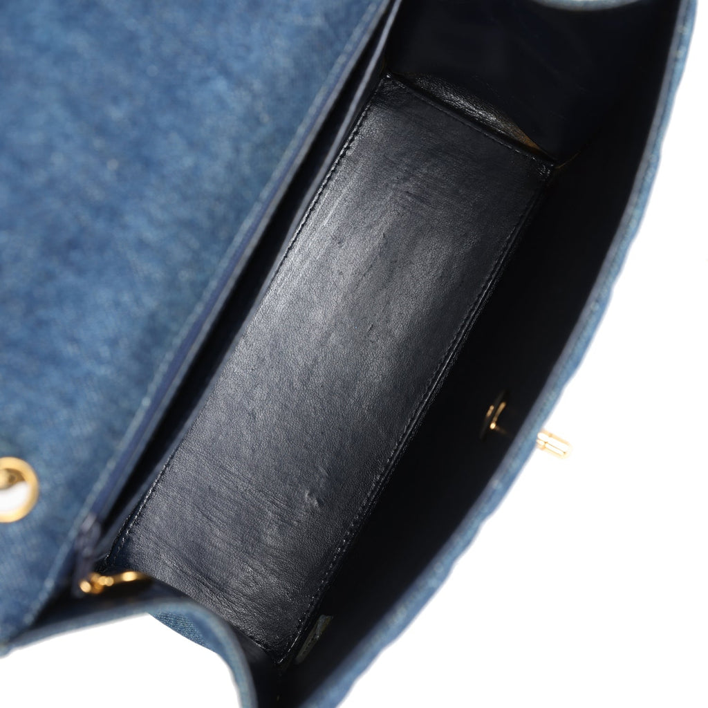 Chanel Vintage Envelope Flap Top Handle Handbag Dark Blue Denim Gold Hardware