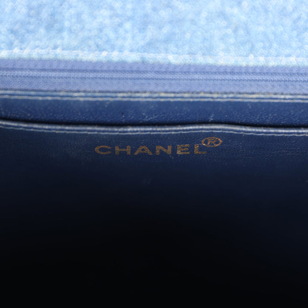 Chanel Vintage Envelope Flap Top Handle Handbag Dark Blue Denim Gold Hardware