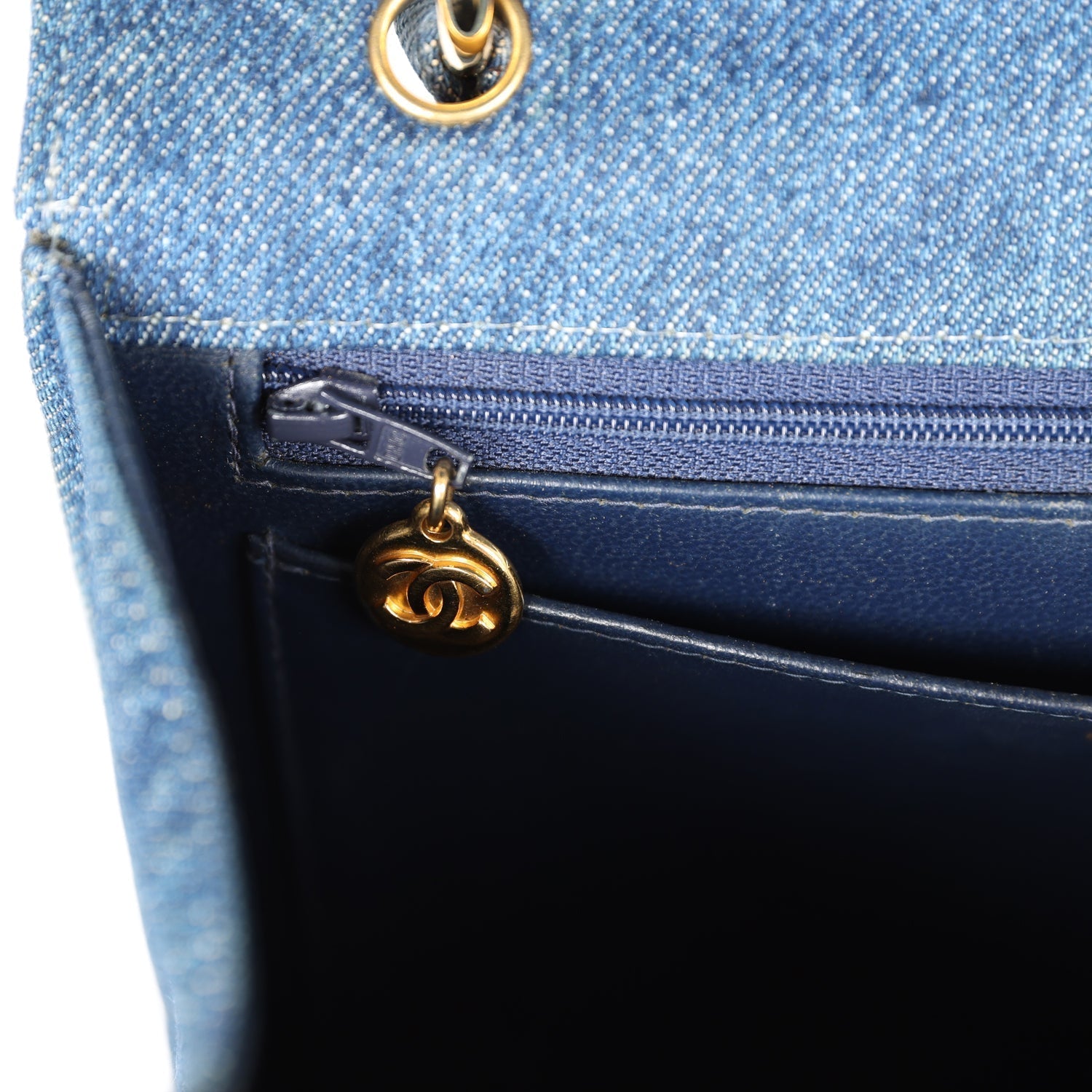 Chanel Vintage Envelope Flap Top Handle Handbag Dark Blue Denim Gold Hardware