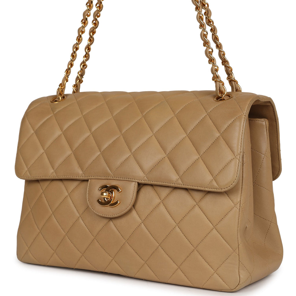 Chanel Vintage Double Sided Flap Bag Taupe Lambskin Gold Hardware