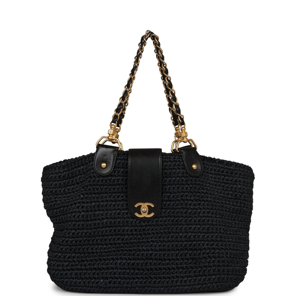 Chanel Vintage Straw Tote Black Raffia Gold Hardware