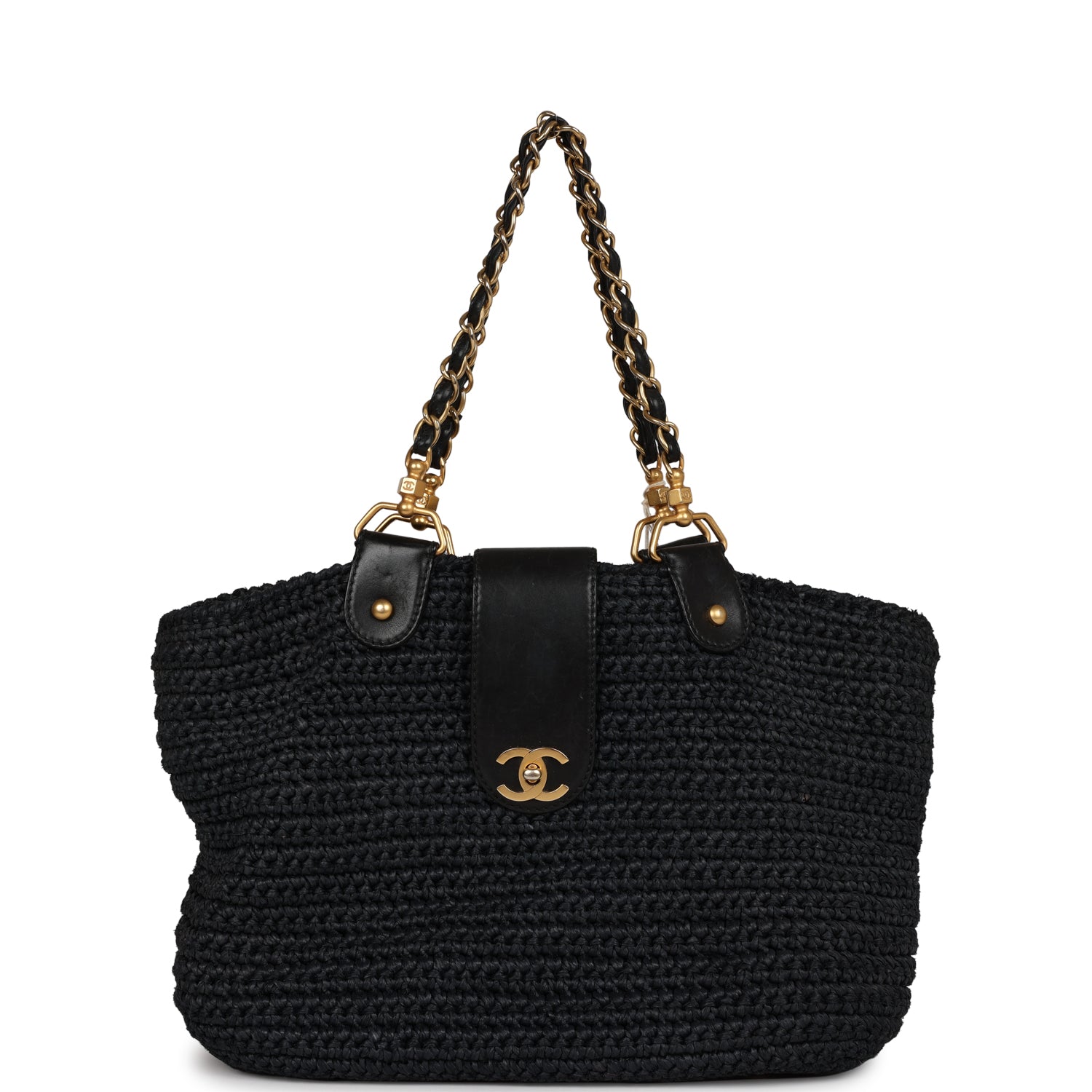 Chanel Vintage Straw Tote Black Raffia Gold Hardware