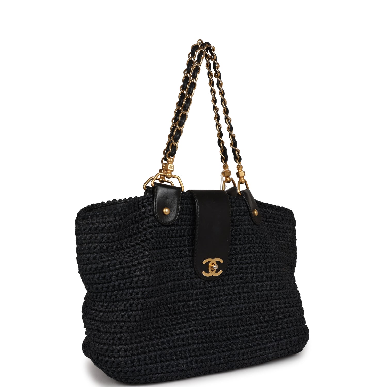 Chanel Vintage Straw Tote Black Raffia Gold Hardware
