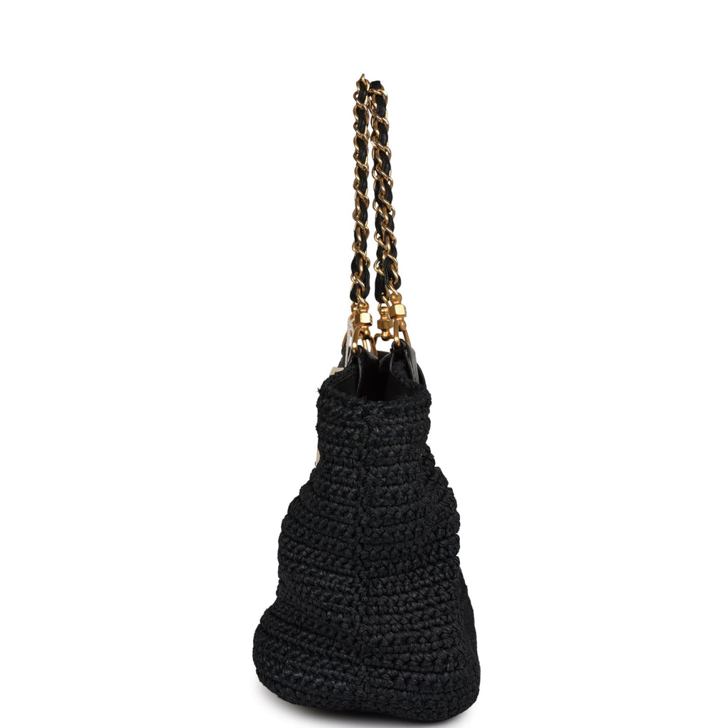 Chanel Vintage Straw Tote Black Raffia Gold Hardware