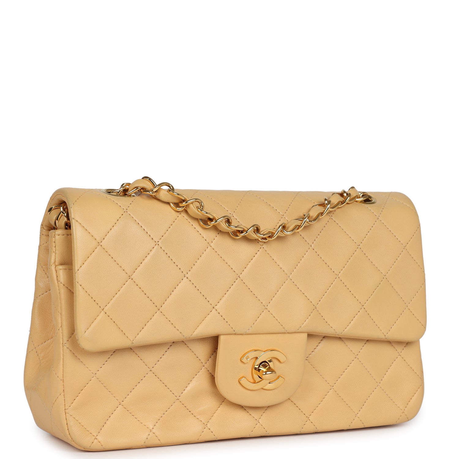 Chanel Vintage Small Classic Double Flap Beige Lambskin Gold Hardware