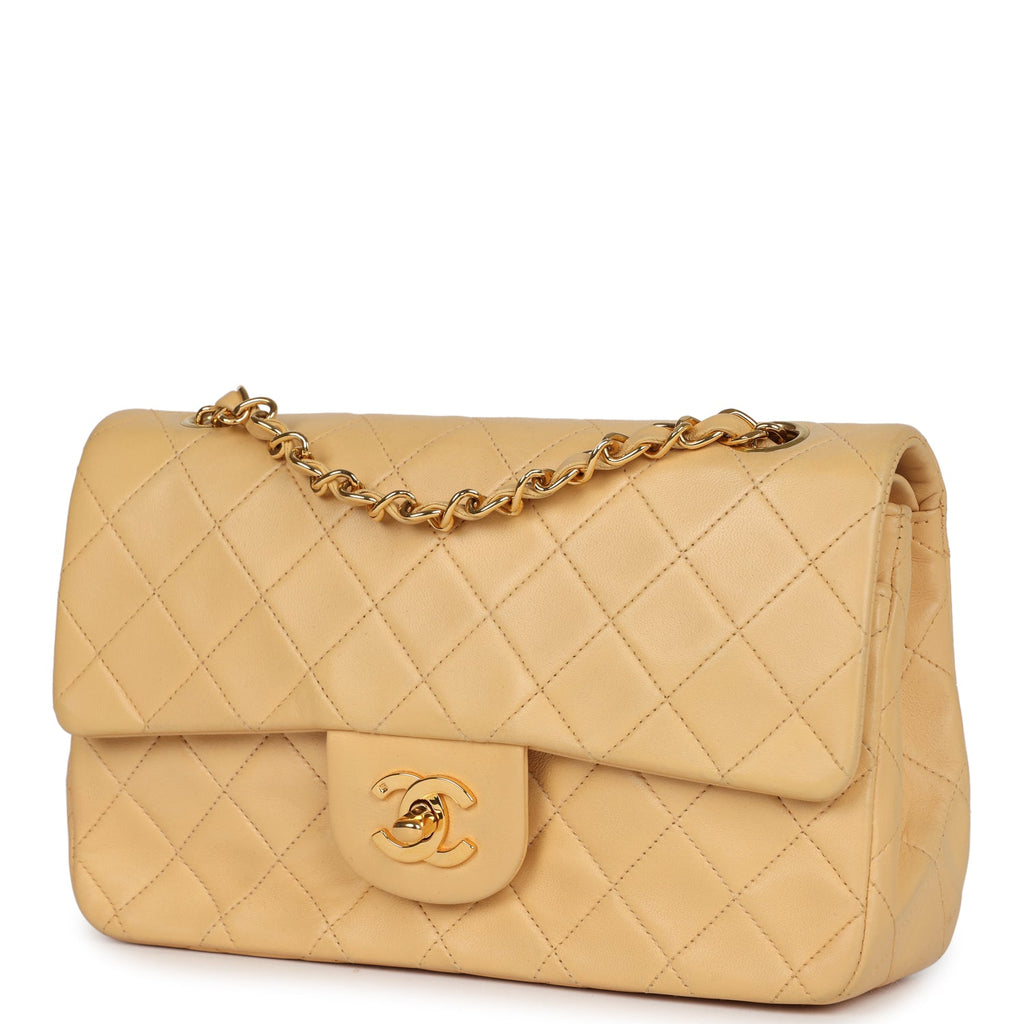 Chanel Vintage Small Classic Double Flap Beige Lambskin Gold Hardware