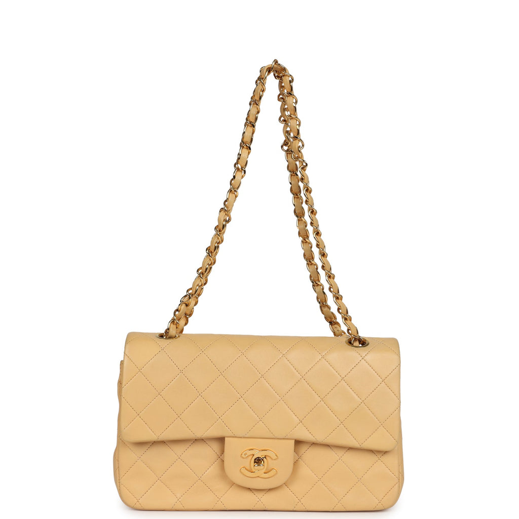 Chanel Vintage Small Classic Double Flap Beige Lambskin Gold Hardware