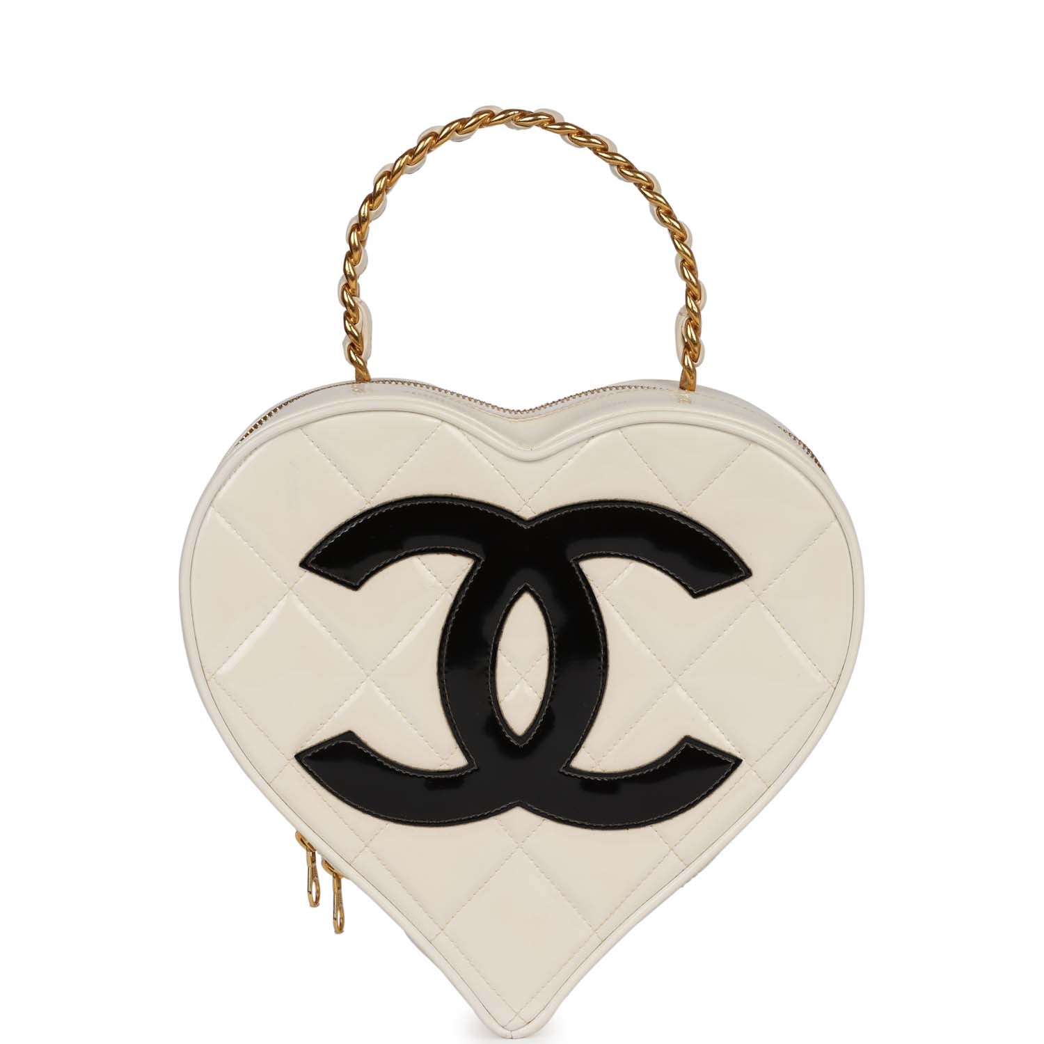 Chanel Vintage Heart Vanity Bag White and Black Patent Antique Gold Hardware