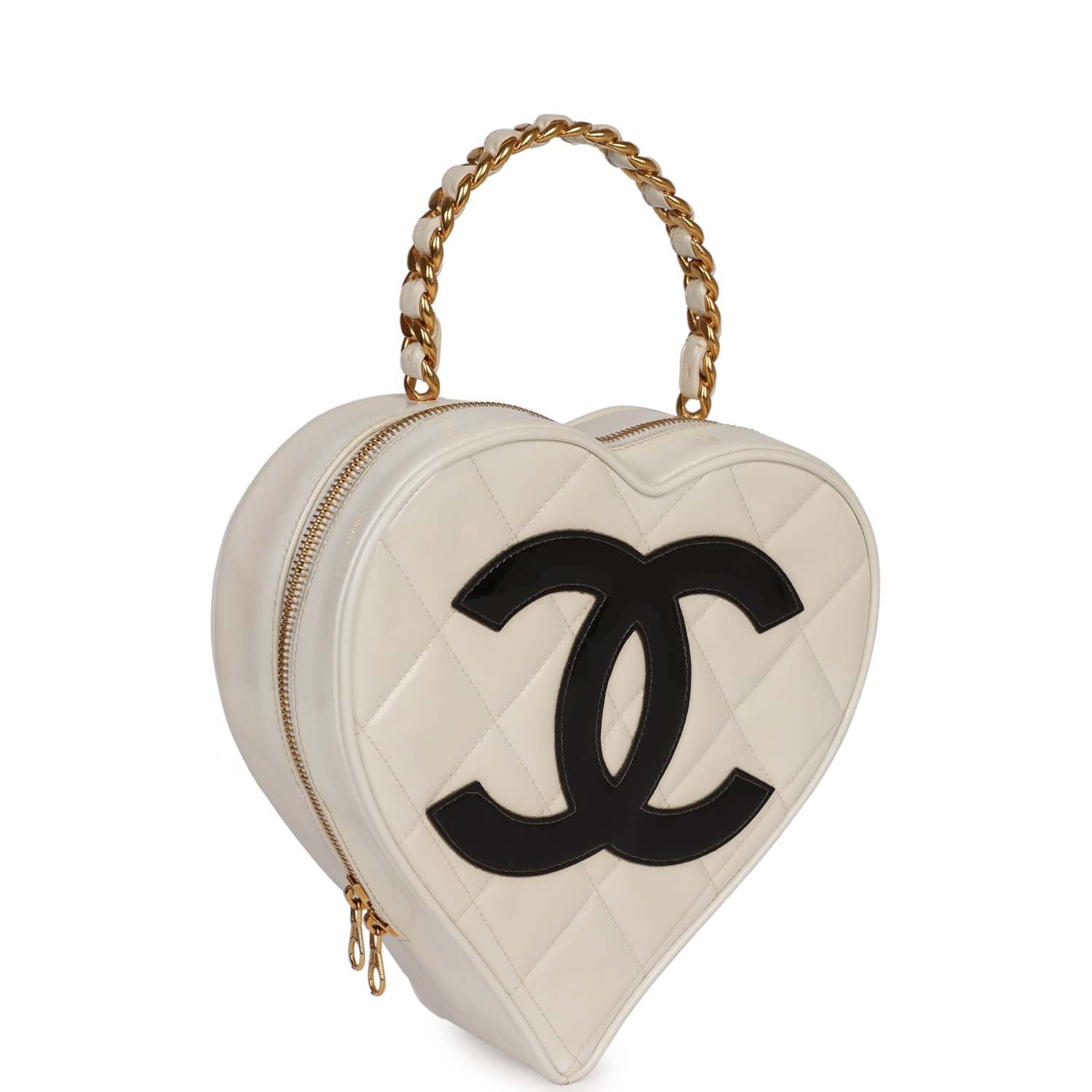 Chanel Vintage Heart Vanity Bag White and Black Patent Antique Gold Hardware