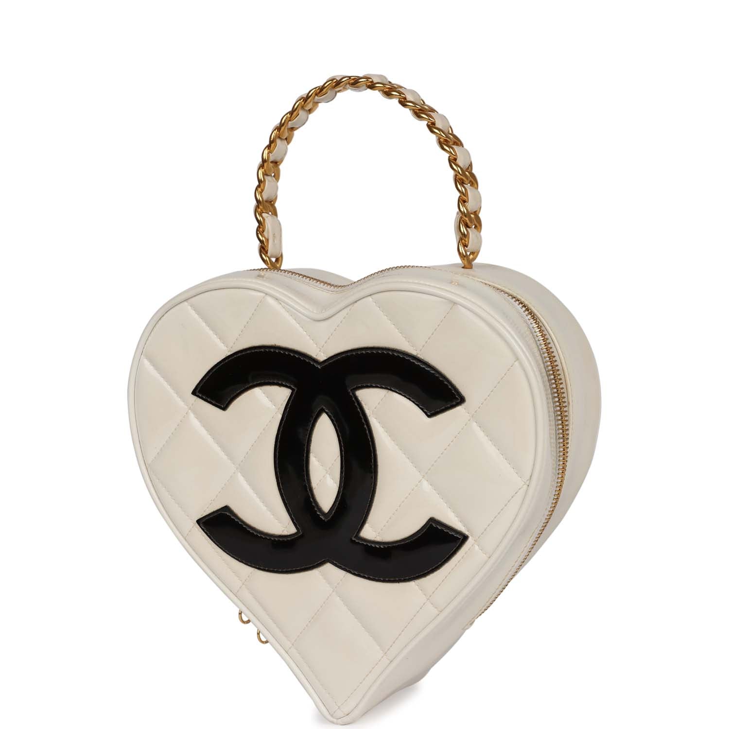 Chanel Vintage Heart Vanity Bag White and Black Patent Antique Gold Hardware