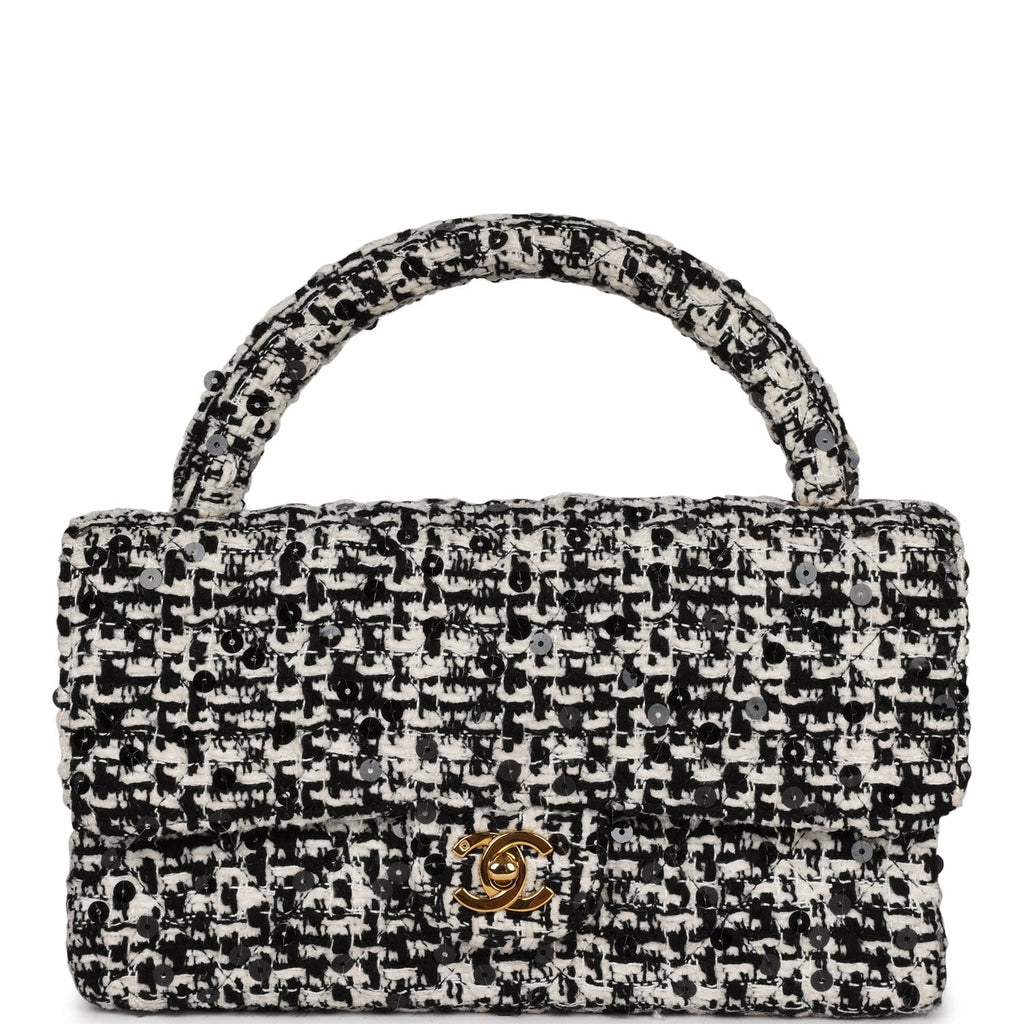 Chanel Vintage Kelly Parent Flap Black and White Sequin Tweed Gold Hardware