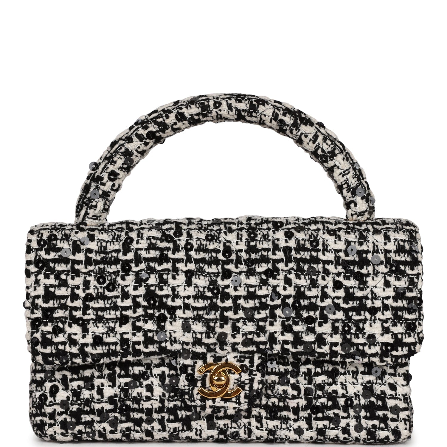 Chanel Vintage Kelly Parent Flap Black and White Sequin Tweed Gold Hardware