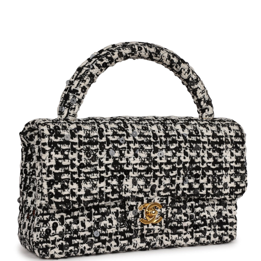 Chanel Vintage Kelly Parent Flap Black and White Sequin Tweed Gold Hardware
