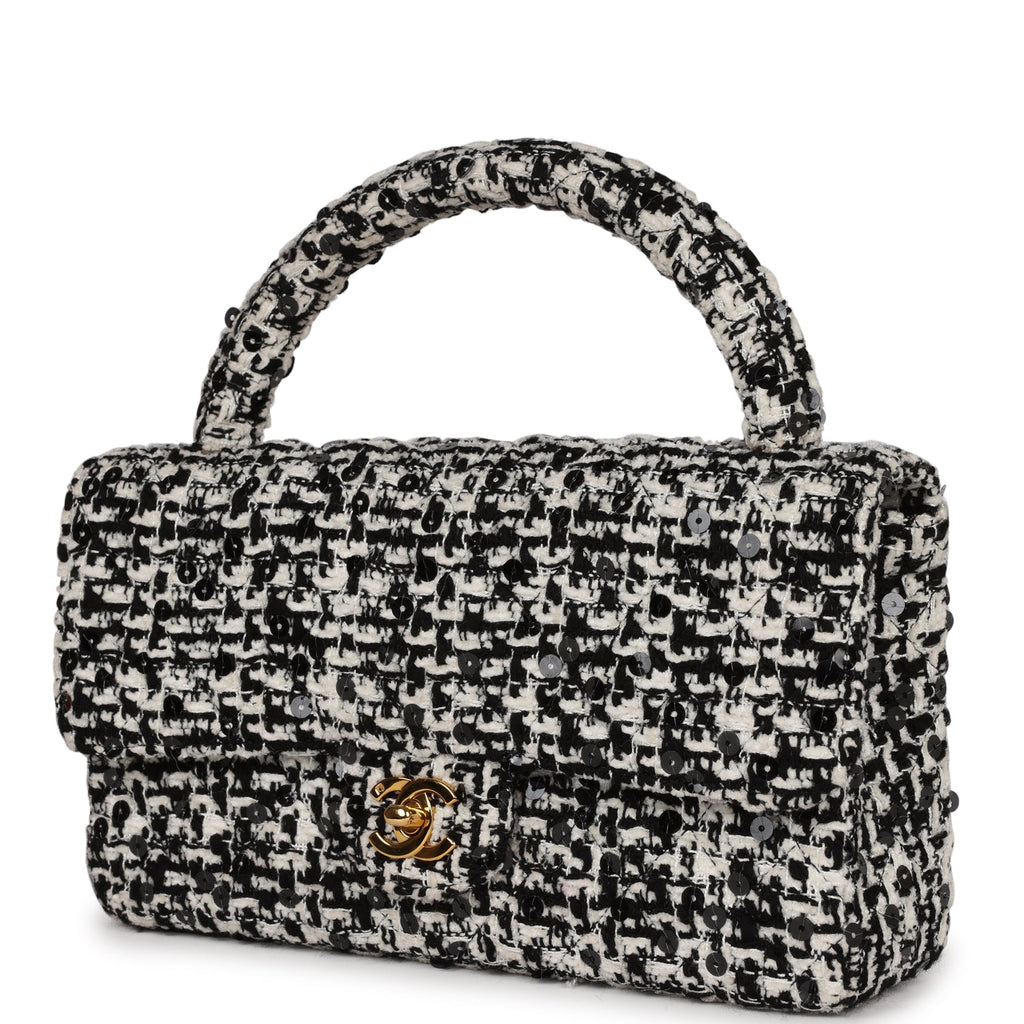 Chanel Vintage Kelly Parent Flap Black and White Sequin Tweed Gold Hardware