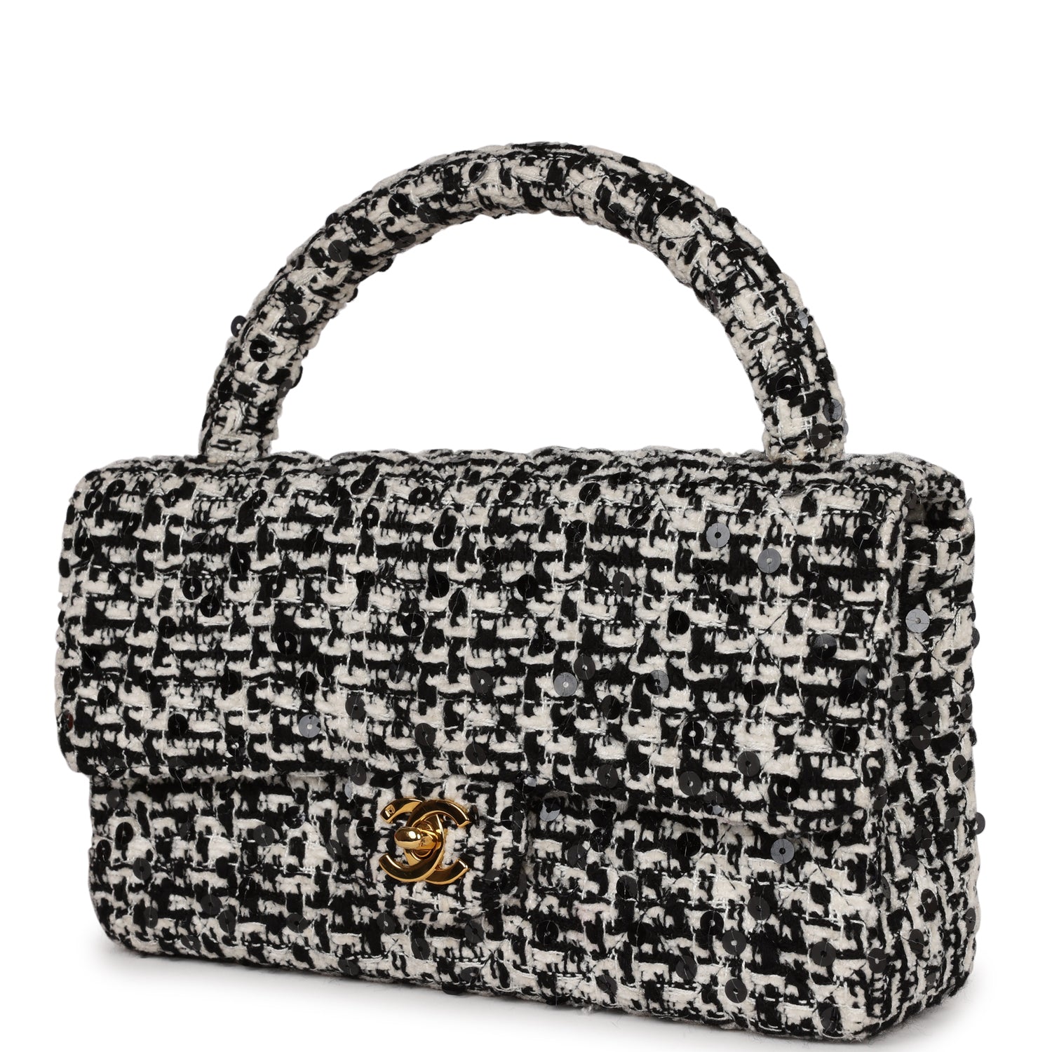 Chanel Vintage Kelly Parent Flap Black and White Sequin Tweed Gold Hardware