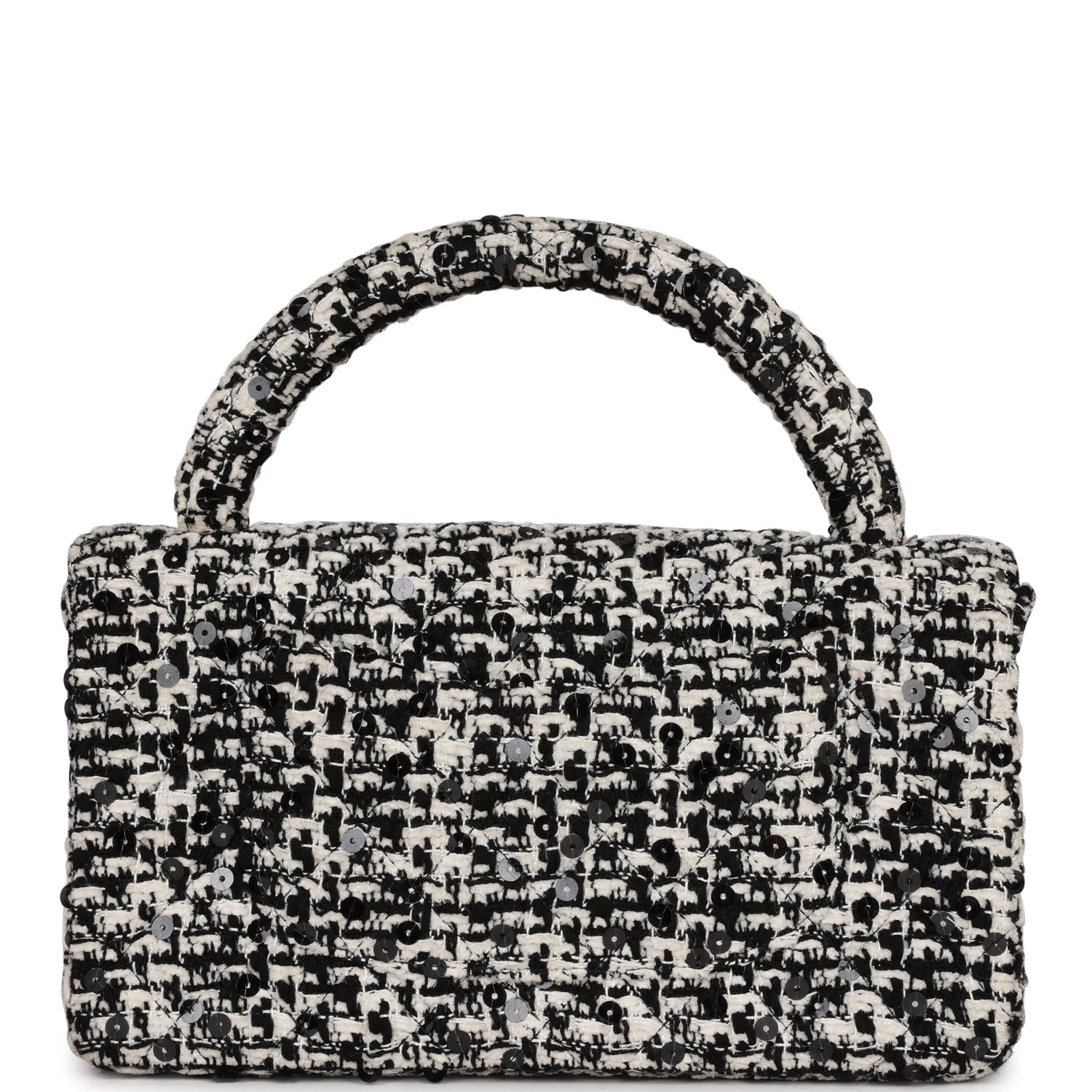 Chanel Vintage Kelly Parent Flap Black and White Sequin Tweed Gold Hardware