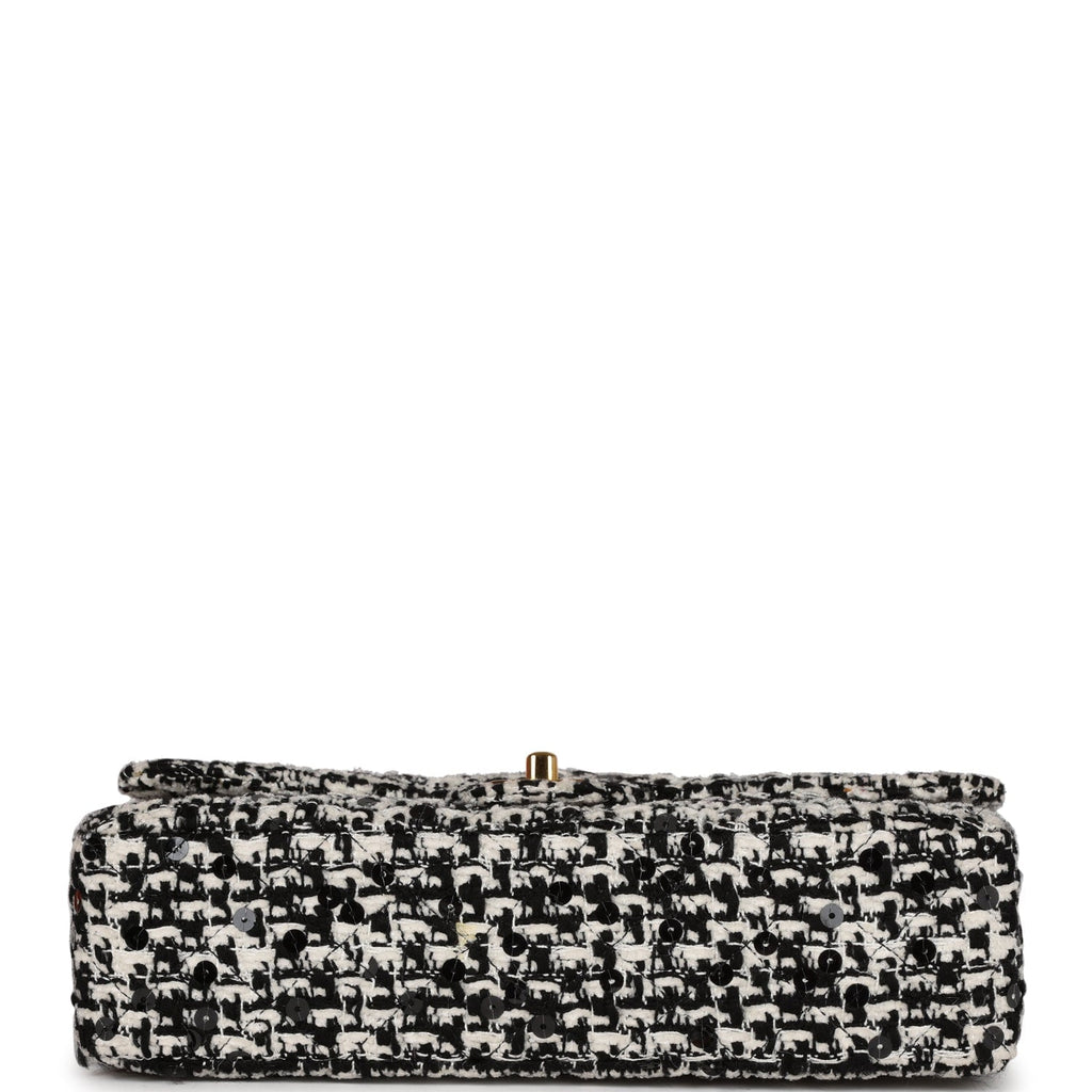 Chanel Vintage Kelly Parent Flap Black and White Sequin Tweed Gold Hardware