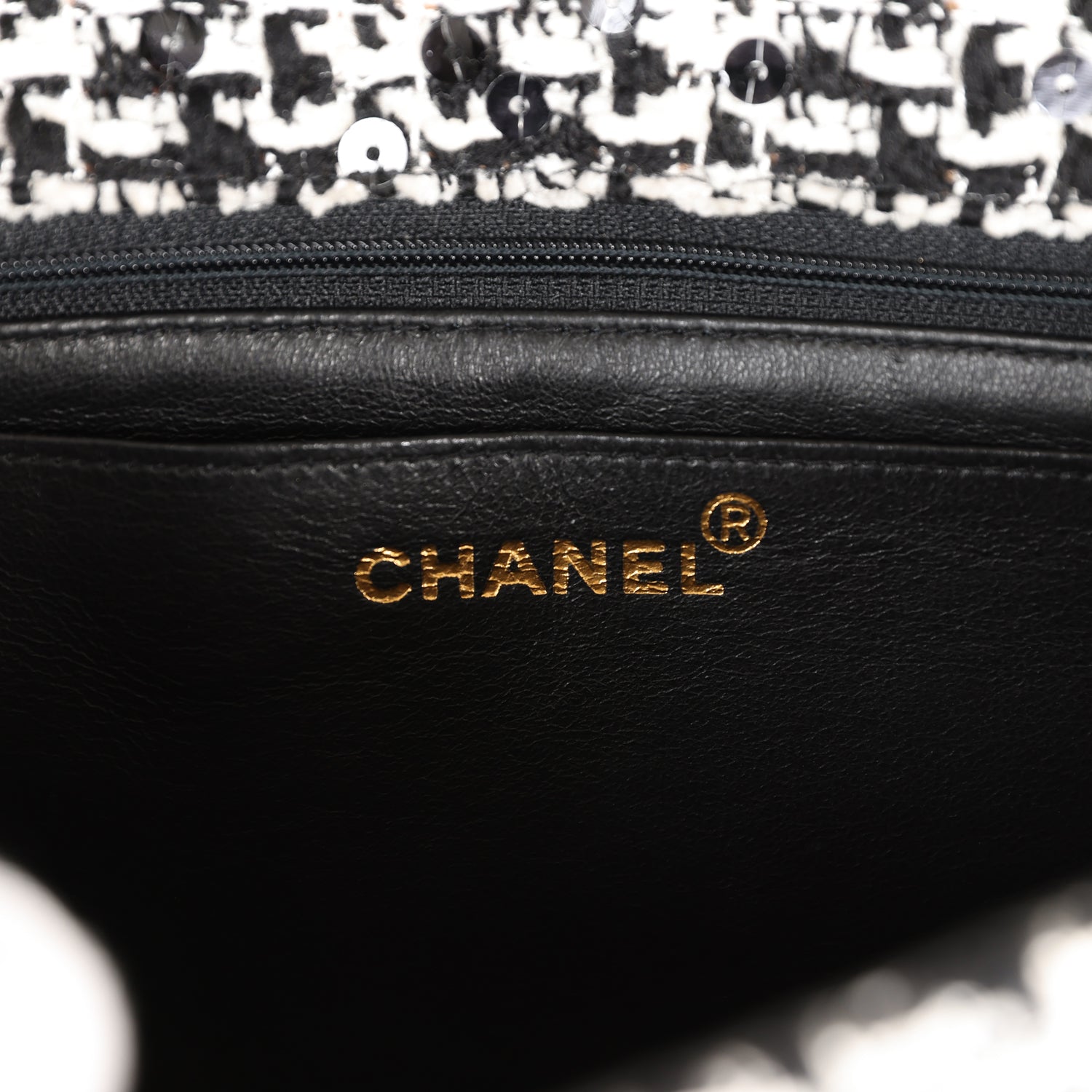 Chanel Vintage Kelly Parent Flap Black and White Sequin Tweed Gold Hardware