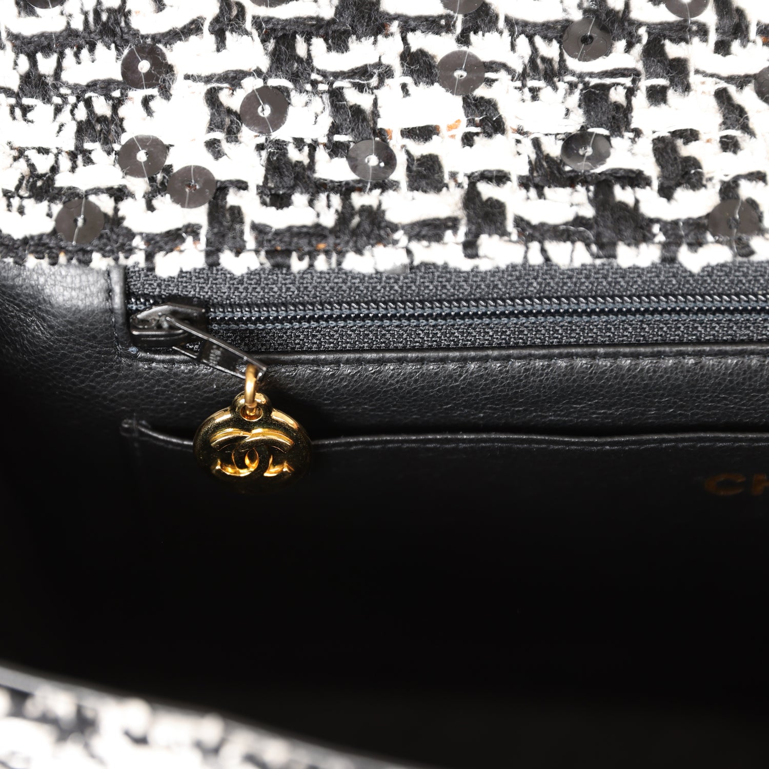 Chanel Vintage Kelly Parent Flap Black and White Sequin Tweed Gold Hardware