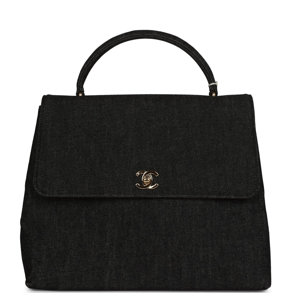 Chanel Vintage Kelly Top Handle Bag Black Denim Gold Hardware