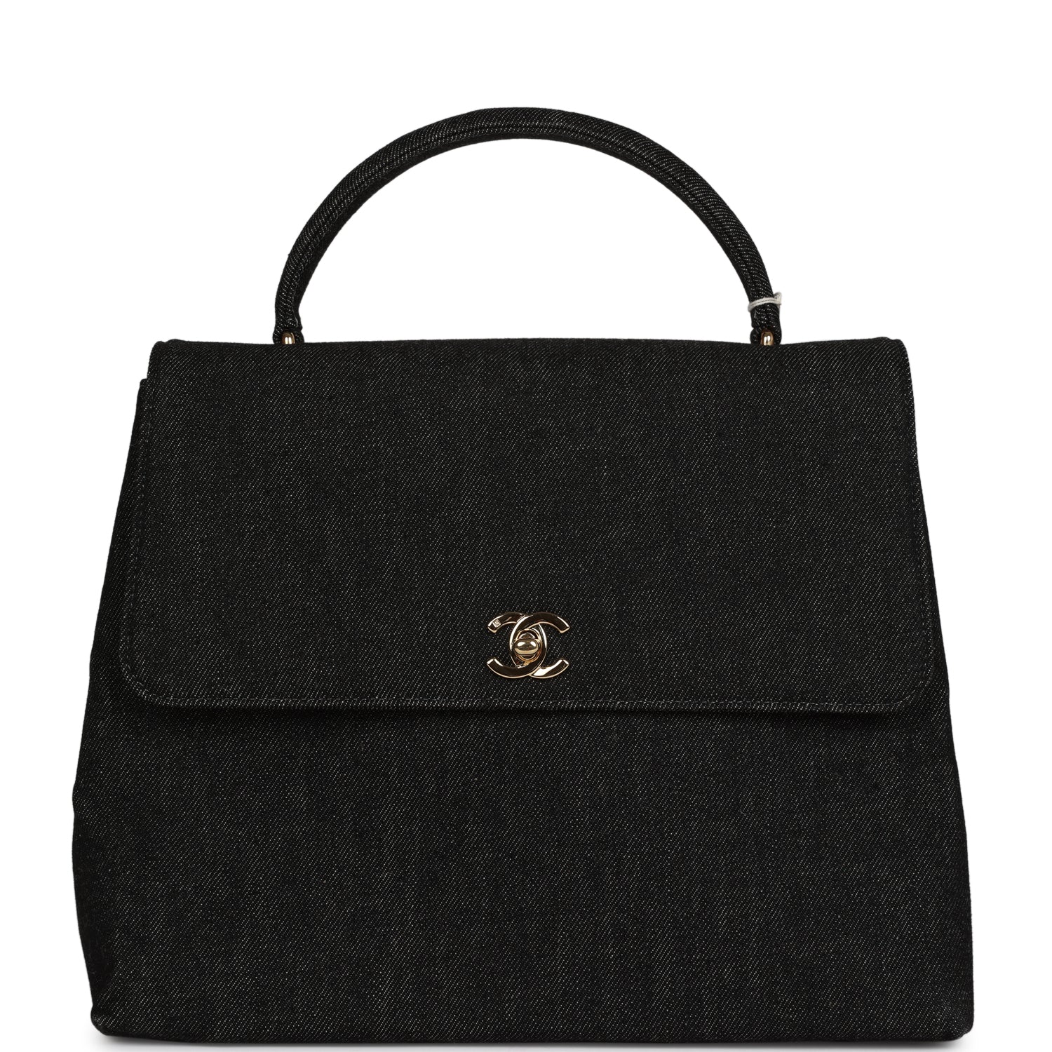 Chanel Vintage Kelly Top Handle Bag Black Denim Gold Hardware