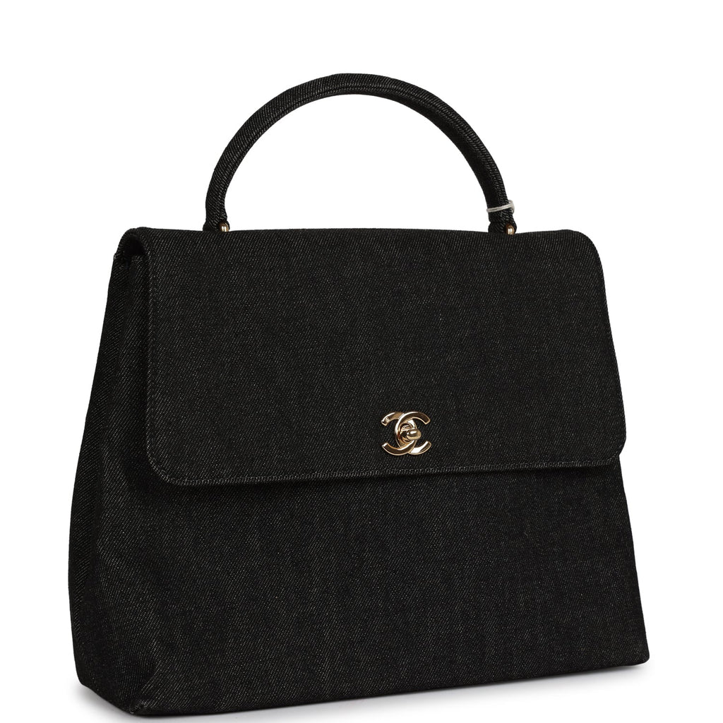 Chanel Vintage Kelly Top Handle Bag Black Denim Gold Hardware