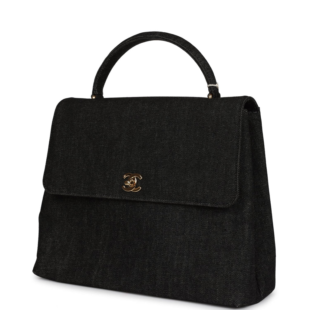 Chanel Vintage Kelly Top Handle Bag Black Denim Gold Hardware
