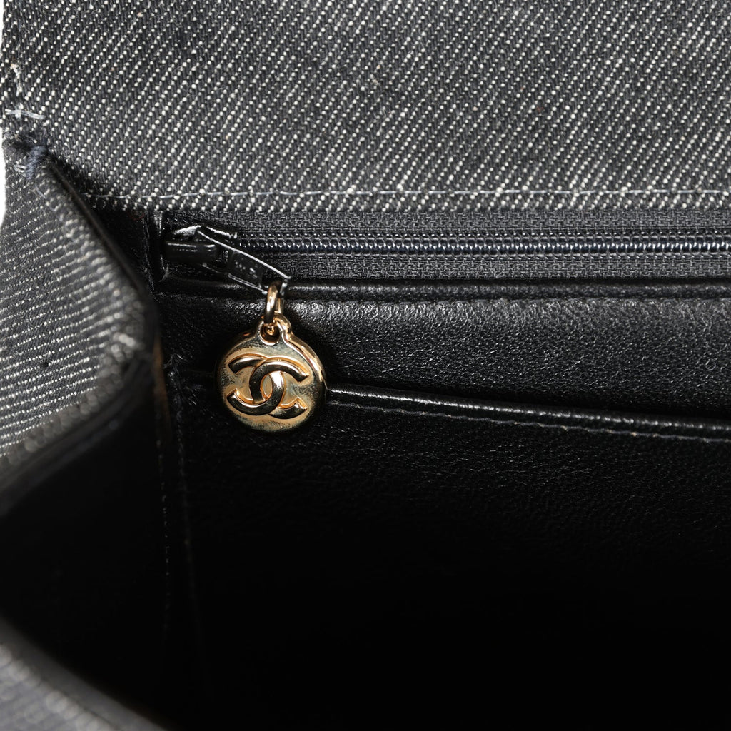 Chanel Vintage Kelly Top Handle Bag Black Denim Gold Hardware
