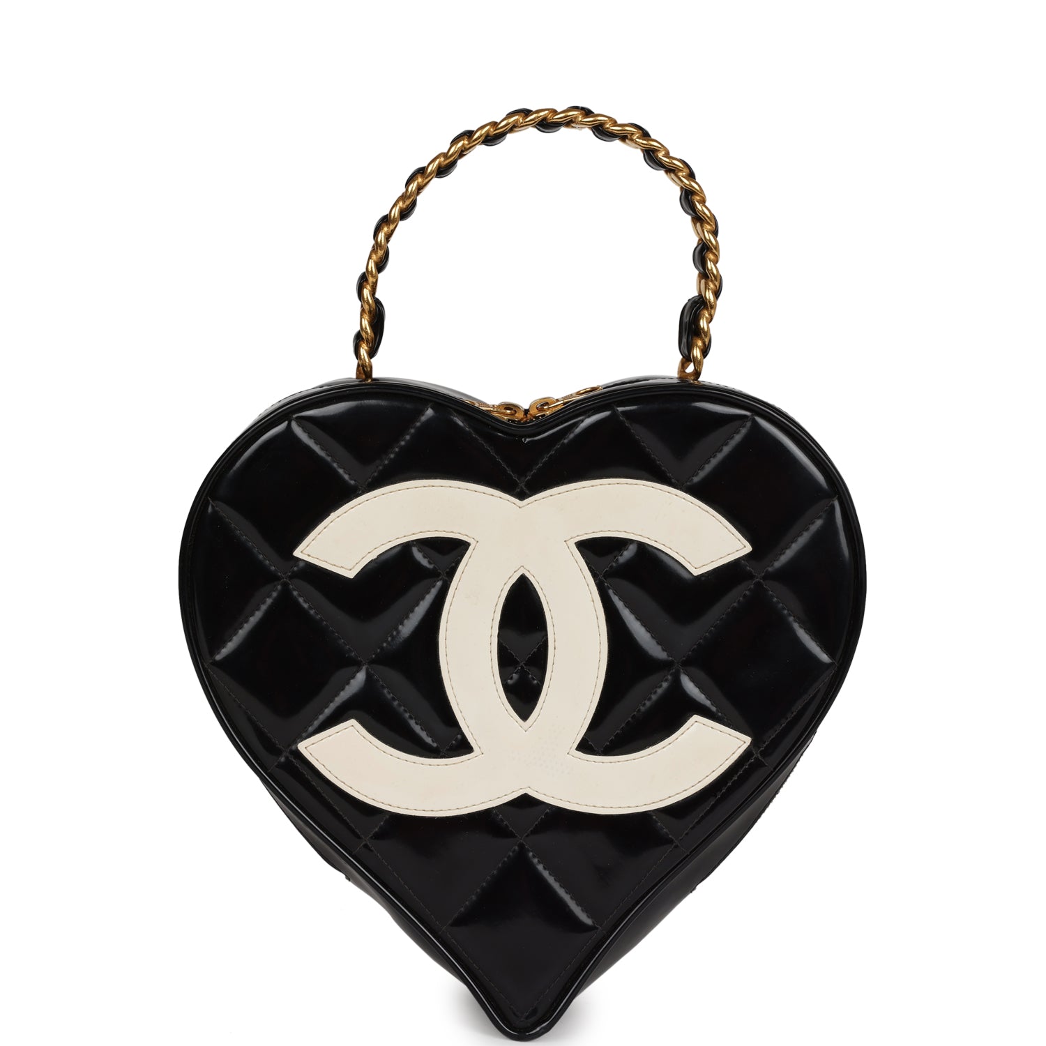Chanel Vintage Heart Vanity Bag Black and White Patent Antique Gold Hardware