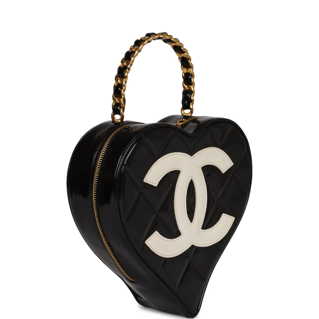 Chanel Vintage Heart Vanity Bag Black and White Patent Antique Gold Hardware
