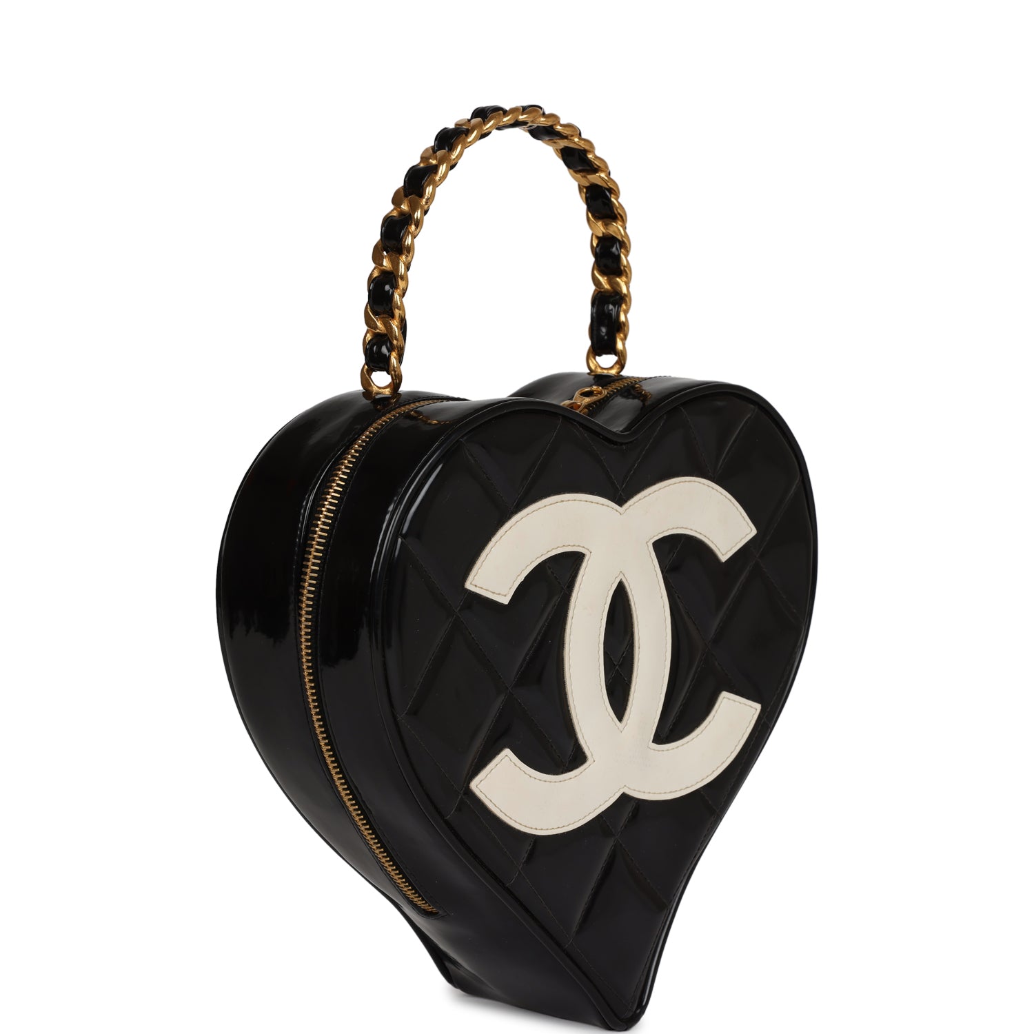 Chanel Vintage Heart Vanity Bag Black and White Patent Antique Gold Hardware