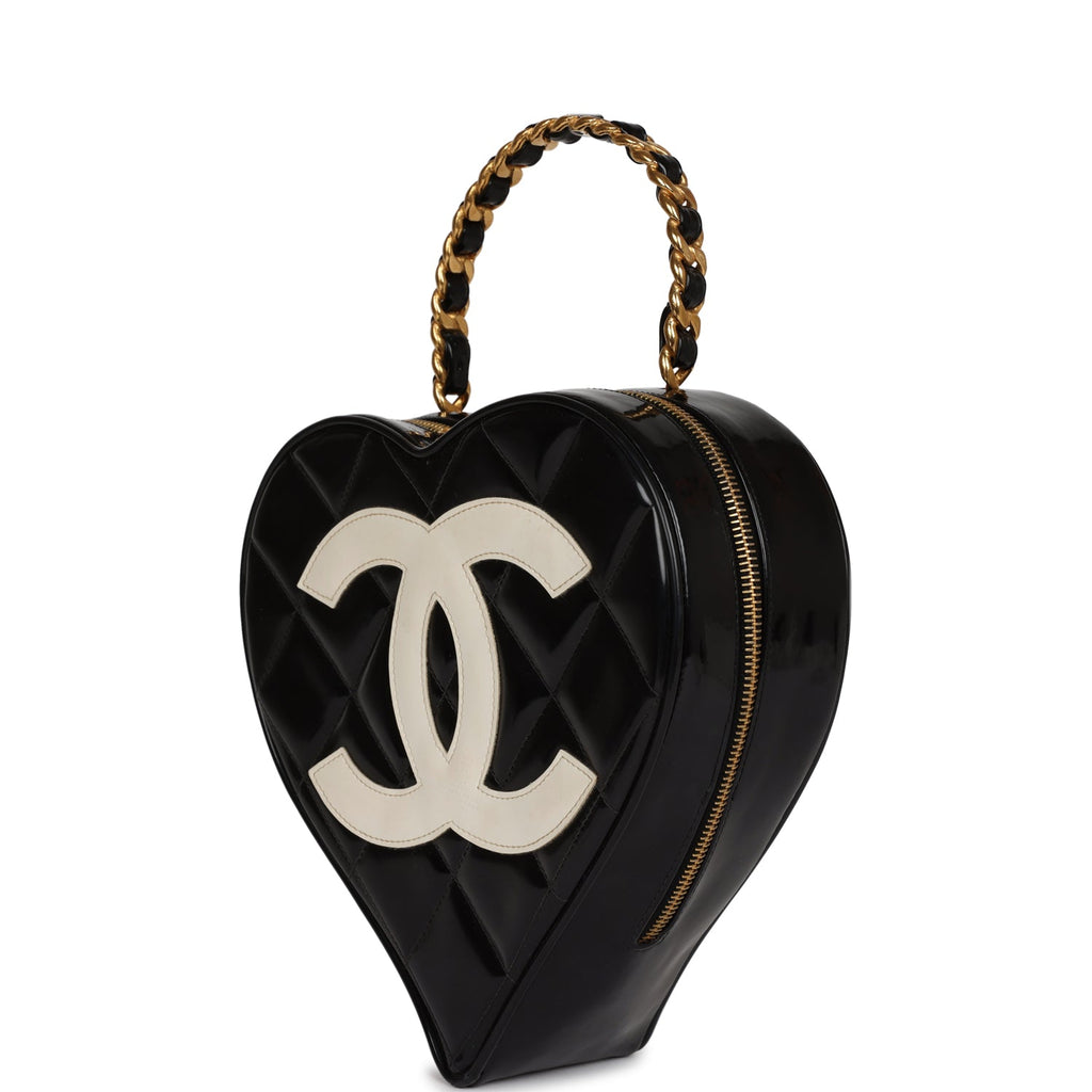 Chanel Vintage Heart Vanity Bag Black and White Patent Antique Gold Hardware