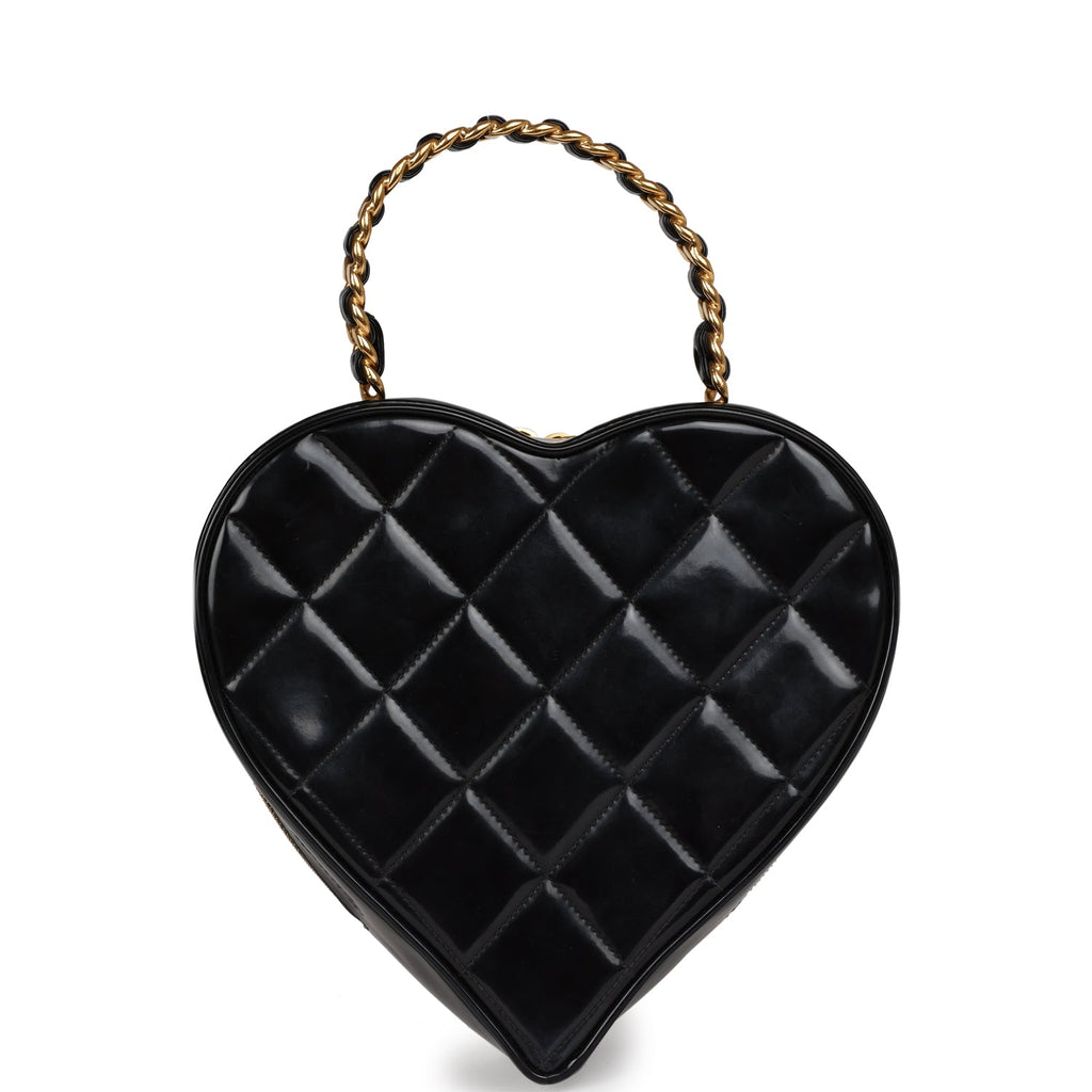 Chanel Vintage Heart Vanity Bag Black and White Patent Antique Gold Hardware